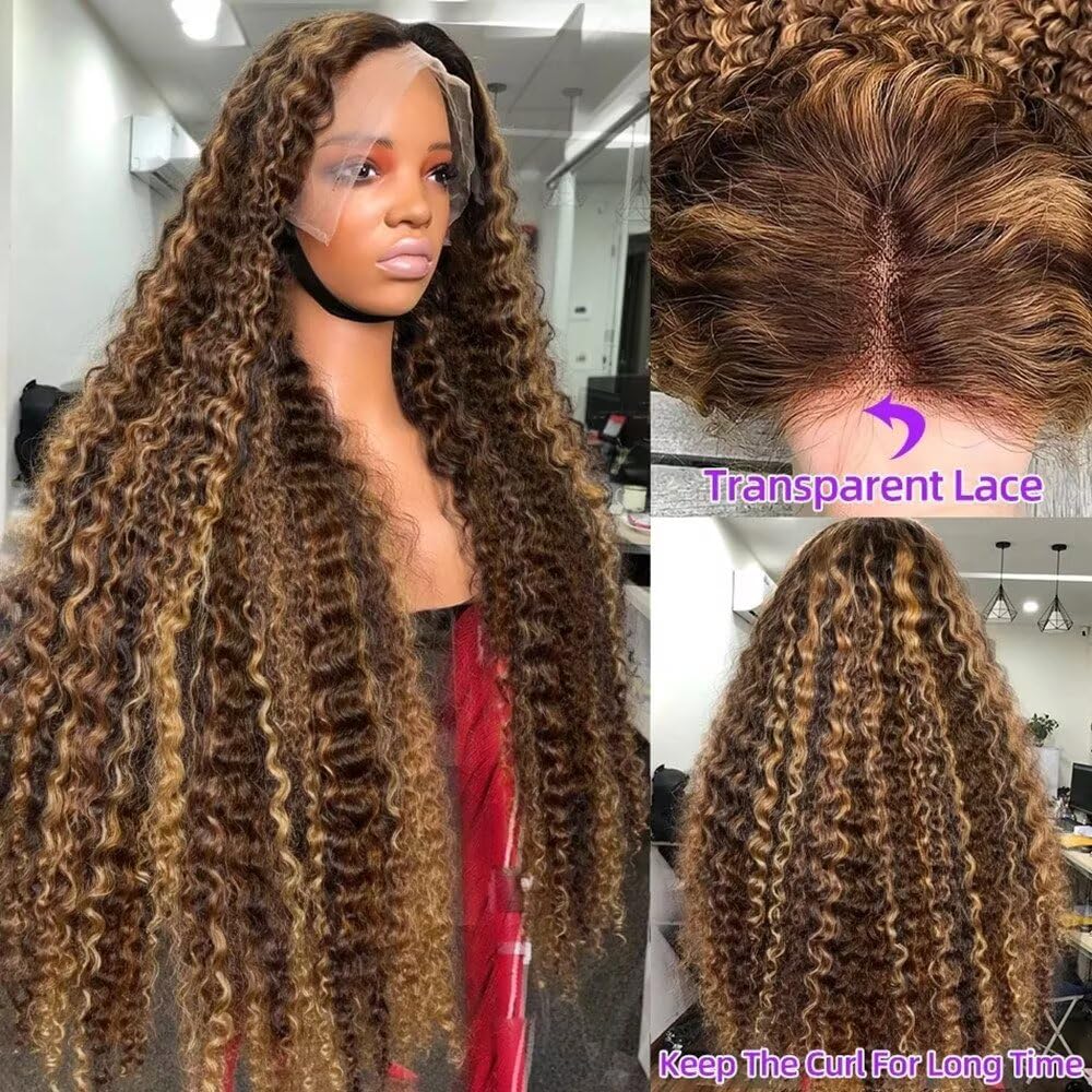 180% Density Ombre Honey Blonde 1B/4/27 Colored Curly Human Hair Wigs For Black Woman 13X4 HD Invisible Lace Front Wig Highlight Deep Wave Brazilian Virgin Human Pre Plucked Bleached Knots 16Inch