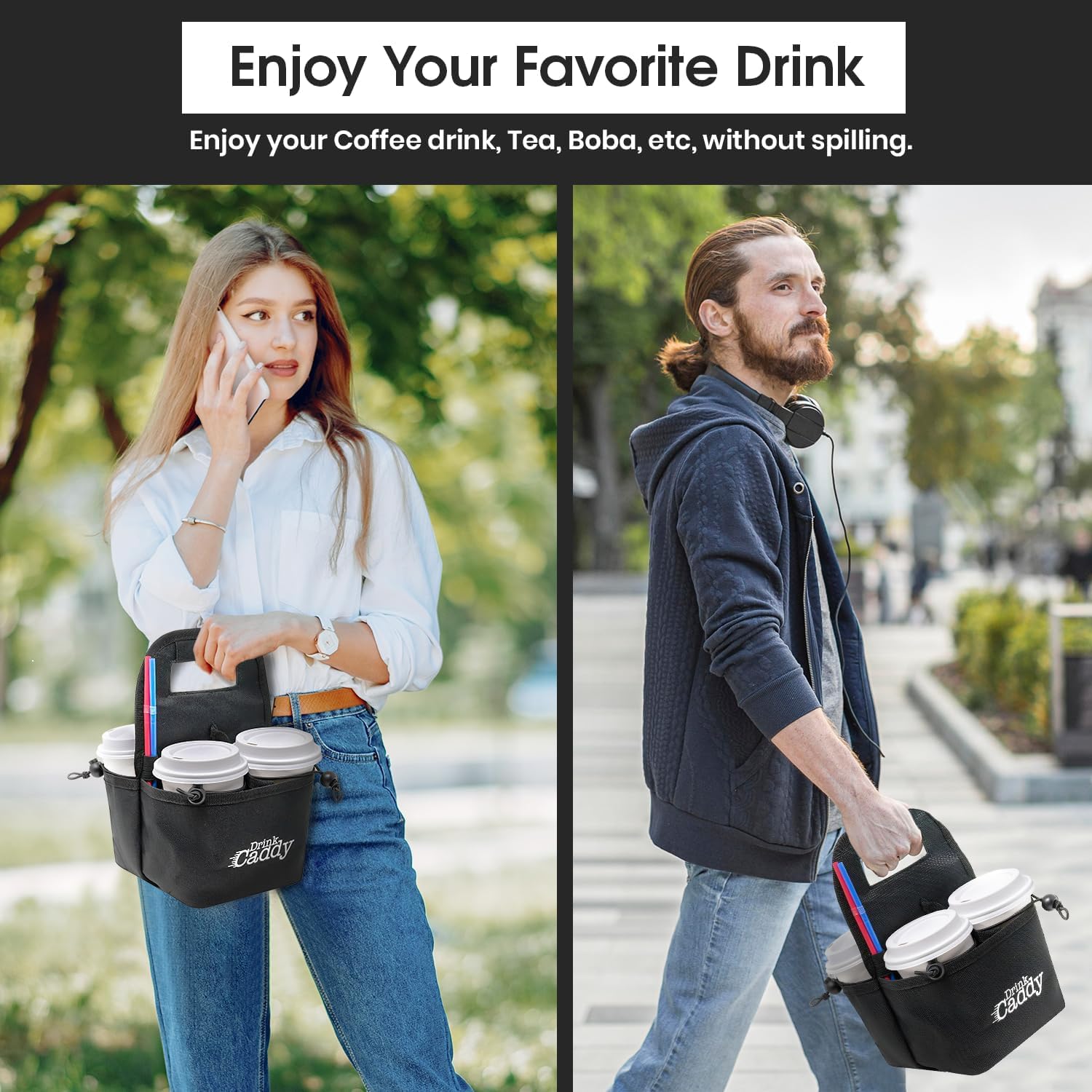 Drink Caddy Portable Drink Carrier and Reusable Coffee Cup Holder - 4 Cup Collapsible Tote Bag with Organizer Pockets Safely Secures Hot and Cold Beverages - Perfect for Food Delivery and Take Out