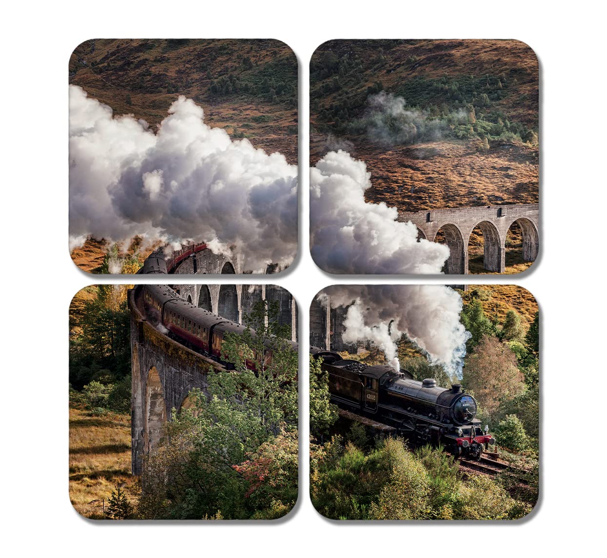 Dv Design Multicolor 4 X Square Glenfinnan Viaduct Coasters - Steam Train Scotland Uk Jacobite Mountains Theme Gift #78445