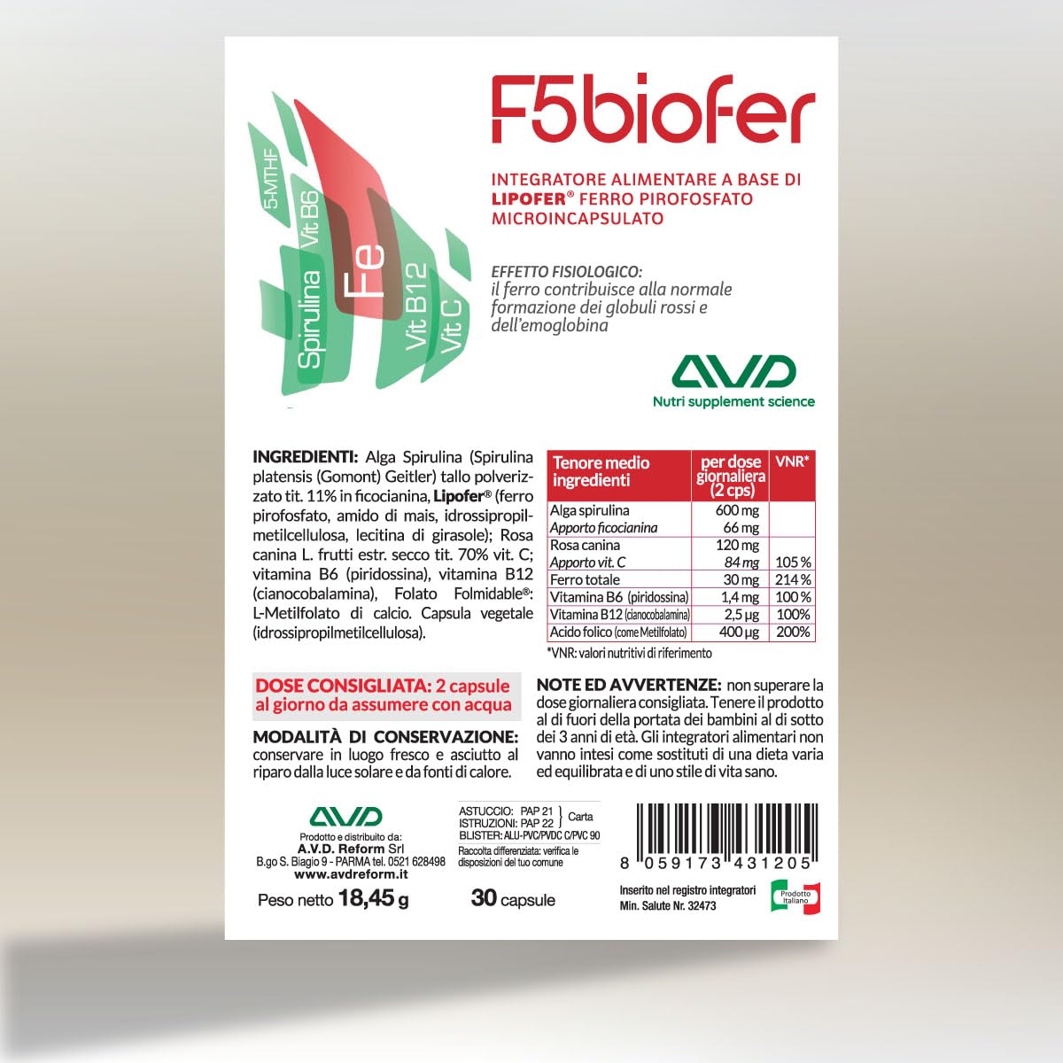 AVD REFORM | F5 Biofer – Integratore di Ferro Pirofosfato microincapsulato con Alga Spirulina arricchita in capsule – 30 cps – Prodotto in Italia