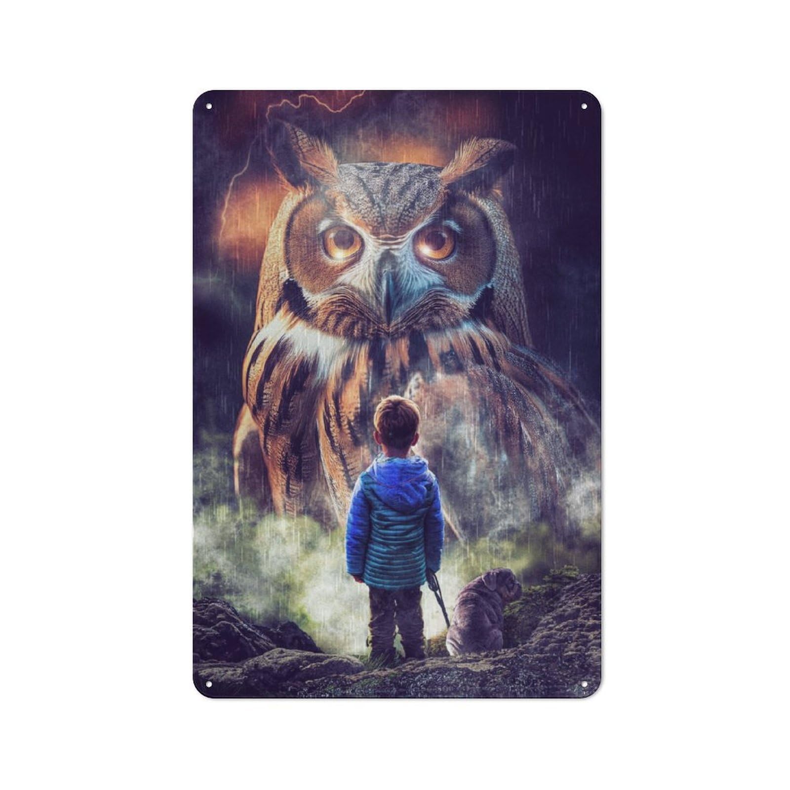 Junmoney Boys And Giant Owl Retro Metal Plaque 30X20cm Featuring For Garage Wall, A Winter Wall Decor Update For Workshop Decor Fans