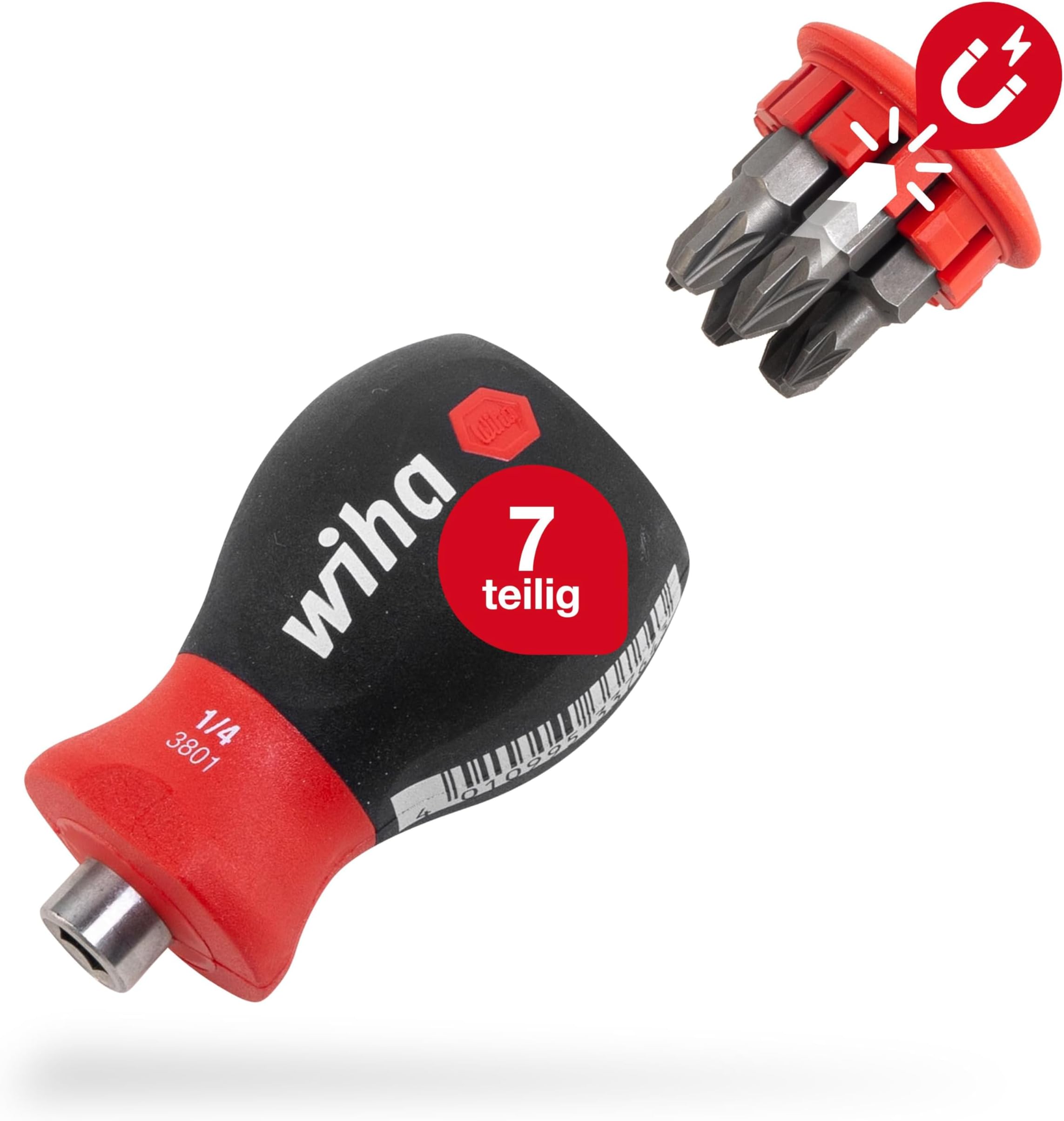 WIHA Stubby Screwdriver with Bit Magazine Magnetic (33741) I Slotted Phillips I with 6 Bits, 1/4 Inch