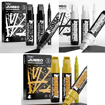 16 Pcs Black+White+Gold Jumbo Poster Marker Set, 15mm Wide Tip and 0.7mm Fine Tip, Acrylic Paint Markers for Rock, Fabric, Glass, Metal, Wood
