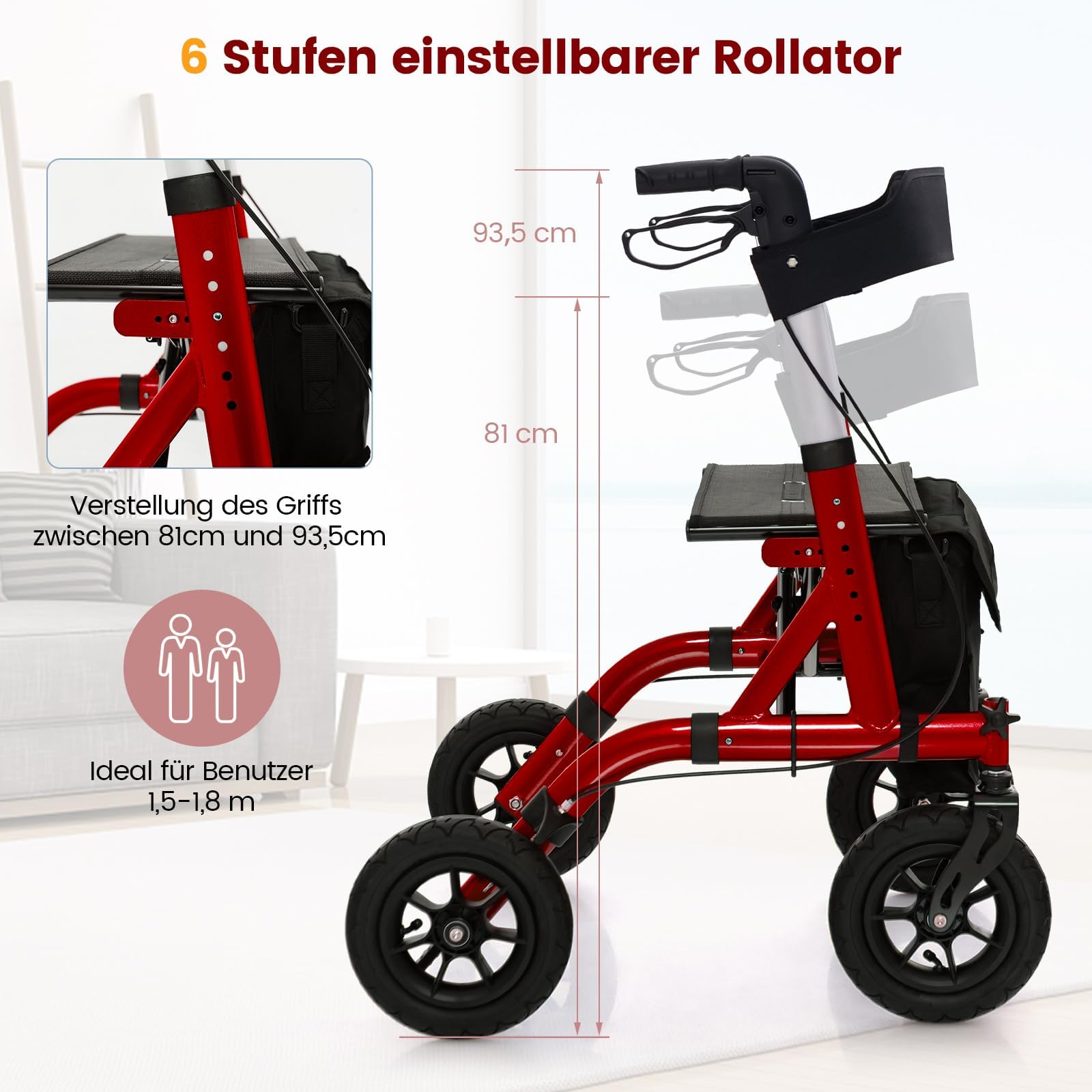 FANTASK Rollator mit Sitz für Senioren, Rollatoren Aluminium 6-fach höhenverstellbar, faltbar und leichtgewicht Laufhilfe mit Luftbereifung, 2 in 1 Rollstuhl & Reiserollator bis 160kg (Rot)