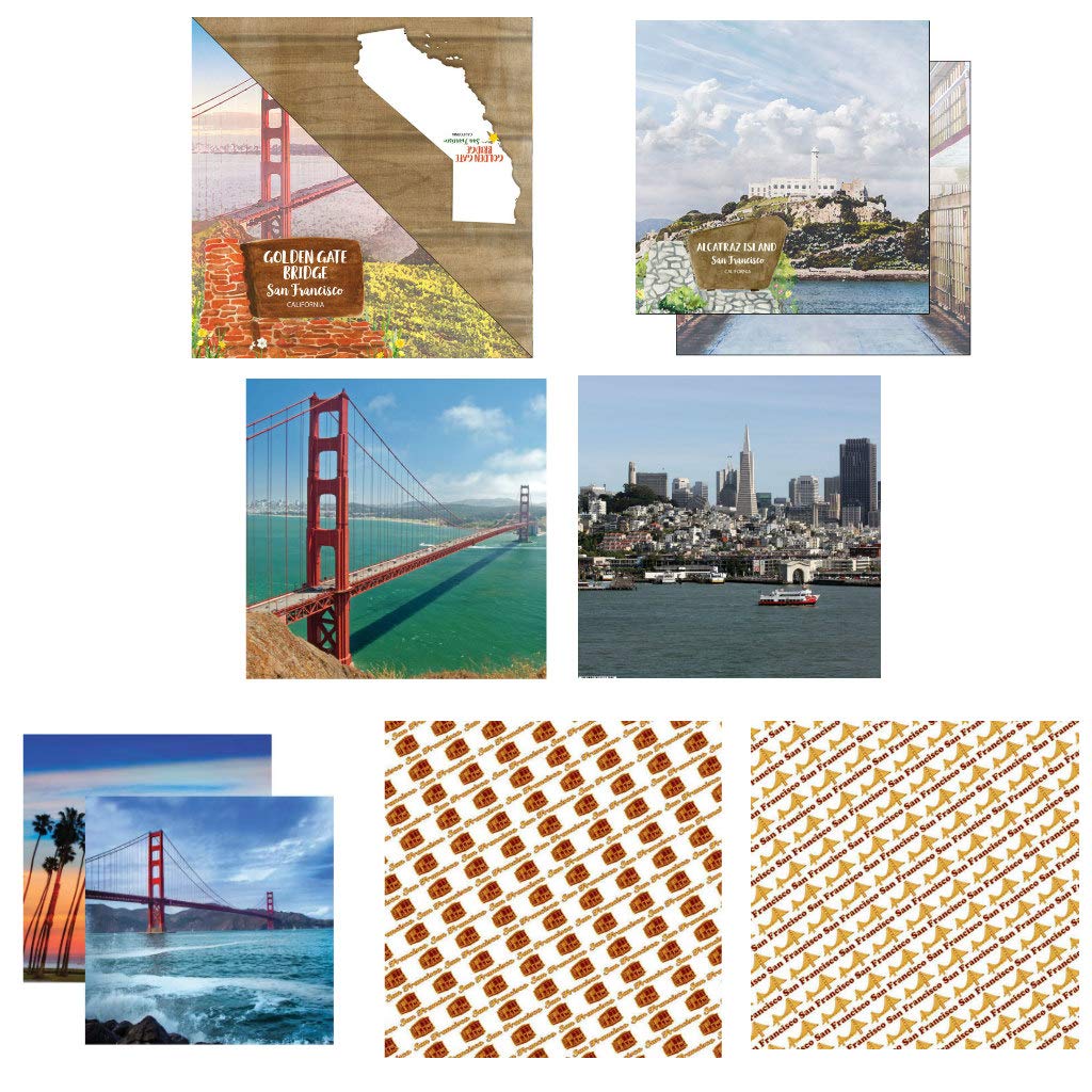 Custom Bundle - 9 San Francisco California Travel Vacation Themed 12" x 12" Scrapbook Papers - Various Brands