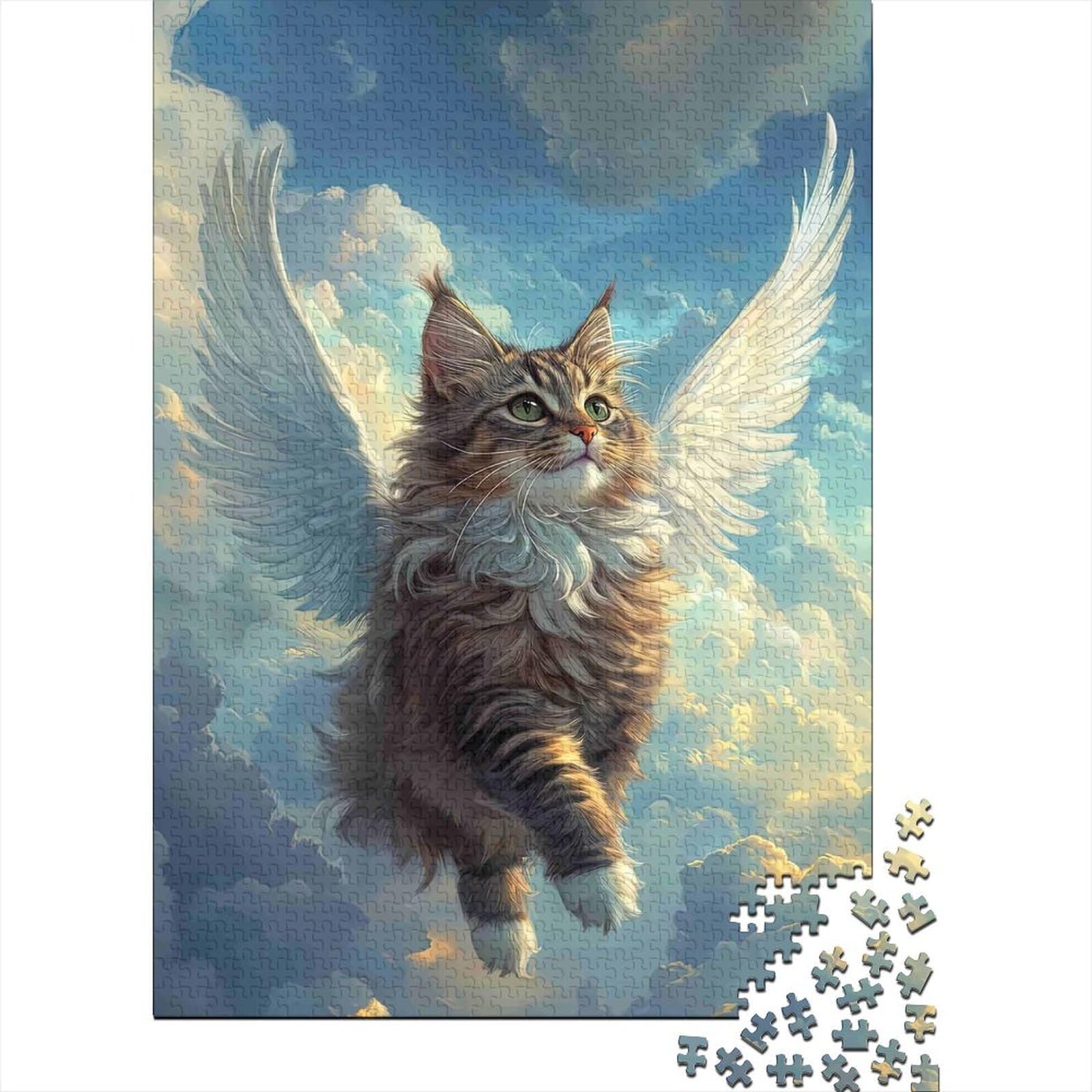 Flying Cat Angel 1000-piece Jigsaw Puzzle & Jigsaw Eco-Friendly Material Relaxing Premium Winged Cat for The Whole Family 38x26cm/1000pcs
