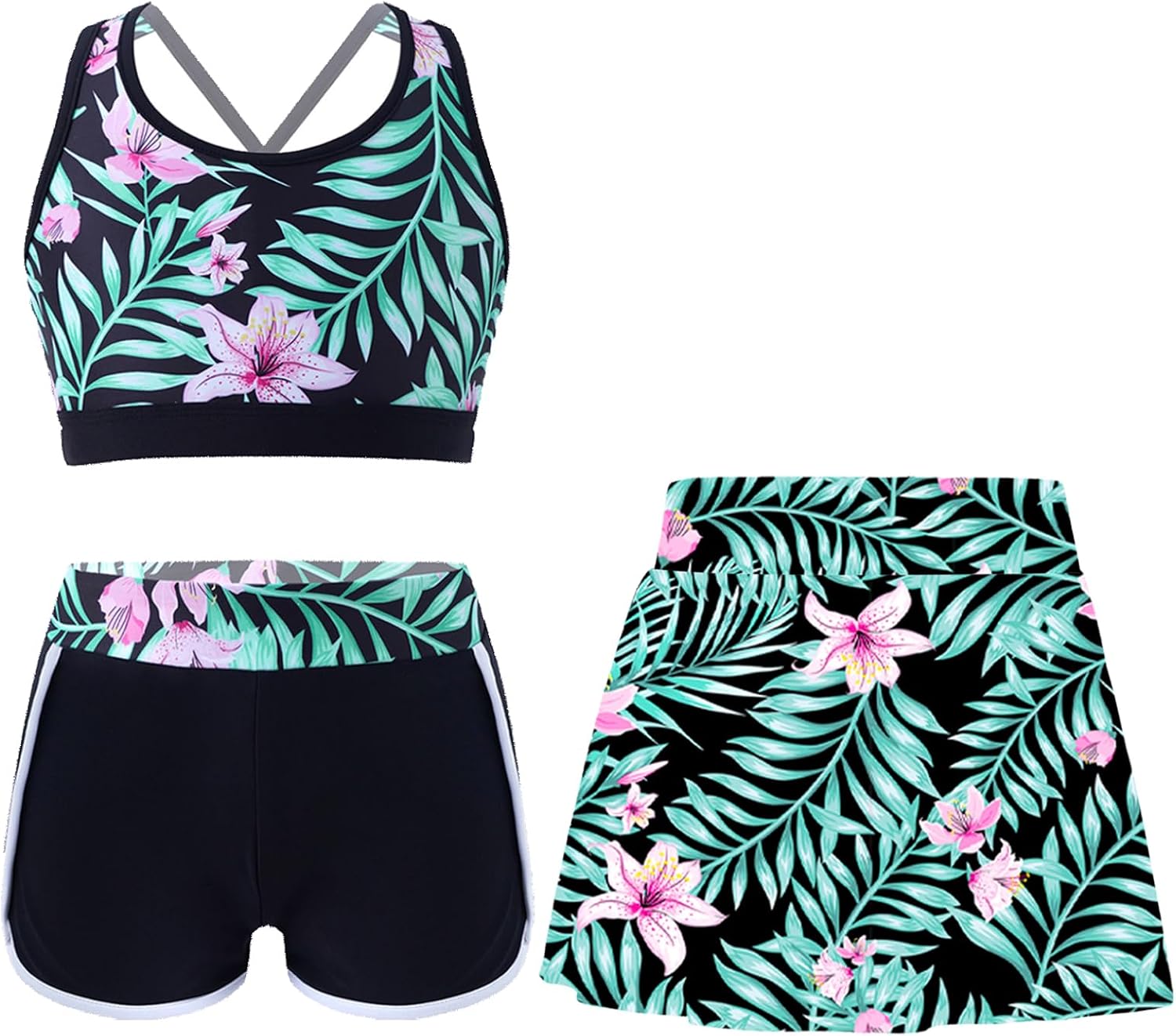 Big Girls Floral Crisscross Swim Crop Top with Shorts Swimskirts Hawaii Swimsuits