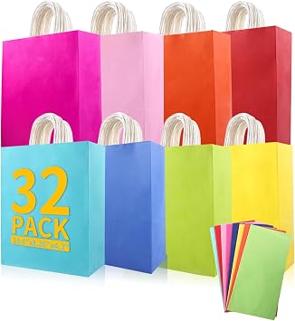 EIOFG Packaging 32Pcs Paper Gift Bags 8 Color with Colorful Tissues, 10.6"x8.26"x4.3" Kraft Paper Party Favor Bags Bulk Rainbow Goodie Bags Large Gift Bags with Handles for Kids Birthday Baby Shower Crafts Wedding Party Supplies 8 Colors