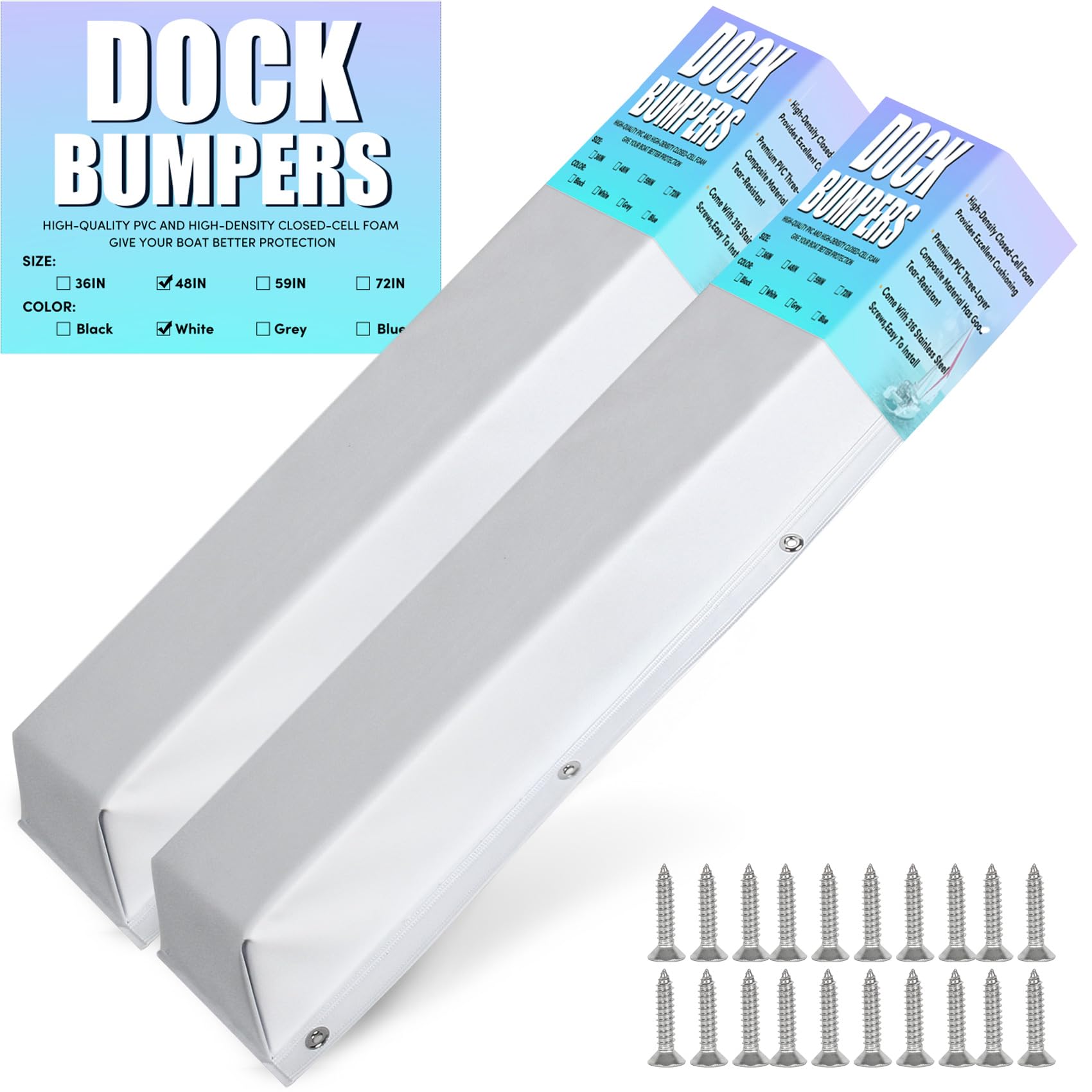 Photo 1 of WTMORE Boat Dock Bumpers, 48" Dock Bumpers Dock Edge, Dock Fenders Bumpers, Boat Dock Bumper Guards for Dock Edge, Piling, Horizontal Deck, Vertical Poles, or Pier Fenders, White (2 Pack)