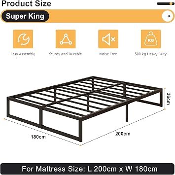Yicensen Super King Bed Frame 180x200 cm Metal Platform Bed Super King with Steel Slat Support, Easy Assembly, Noise Free, No Box Spring Needed, 36cm High, Black