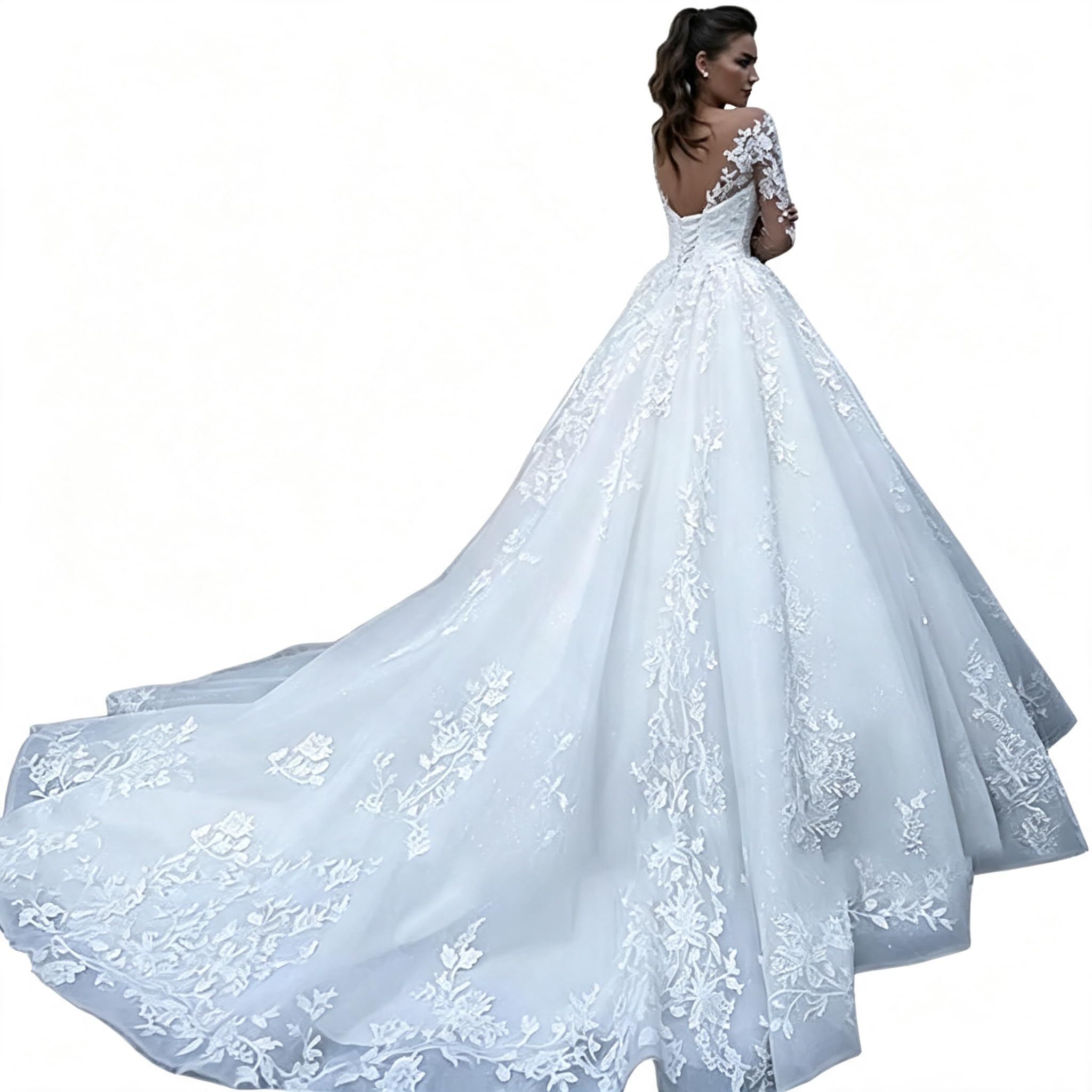 Robe de Mariée Dentelle Manches Longues A-Line - Blanc | Dos lacet ajustable, Robe sur mesure