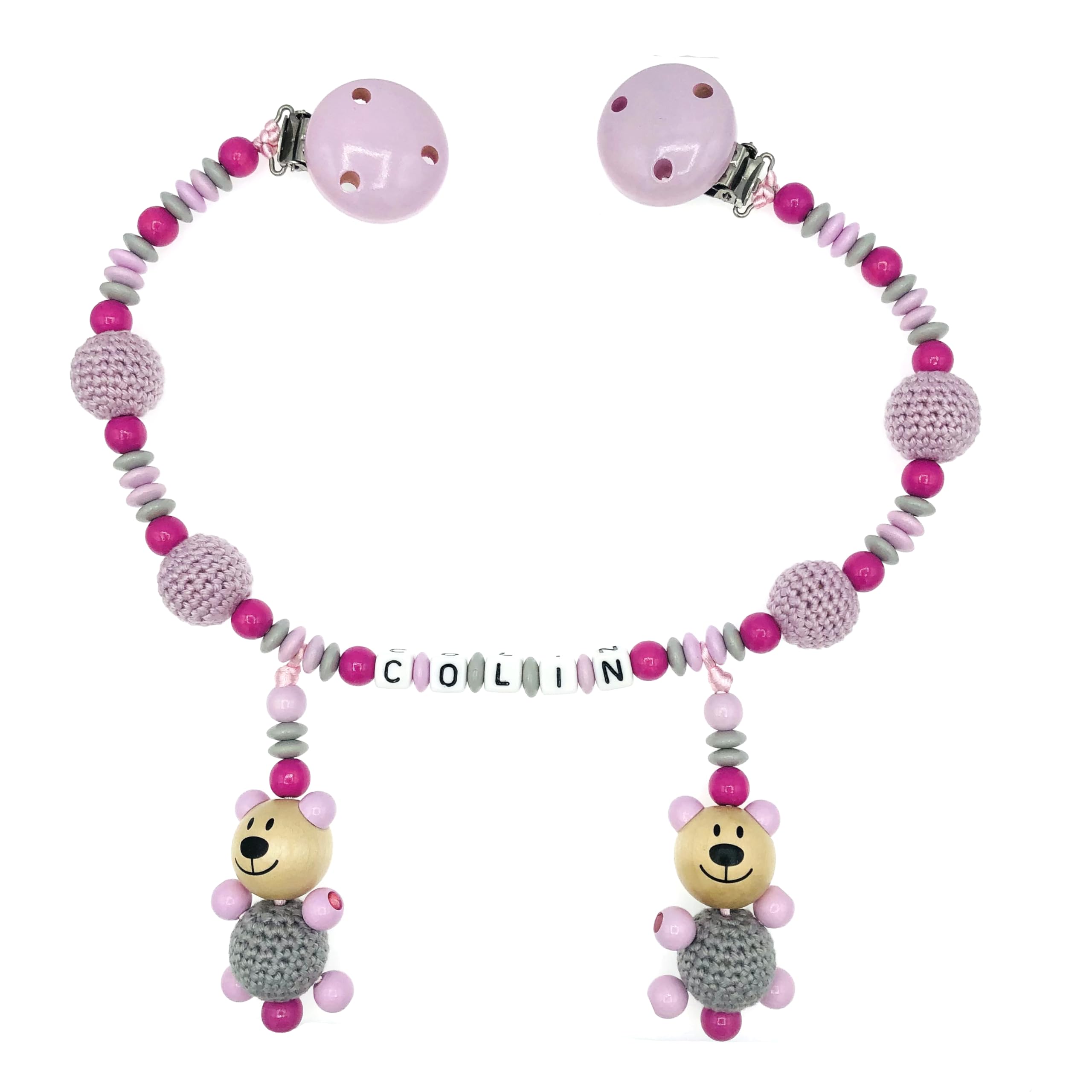 Set Nuckelkette + Kinderwagenkette mit Namen " 3D - BÄR MIT HÄKELKÖRPER/TEDDYBÄR " Rosa Hellgrau Pink/Baby/Unisex/Personalisiert/HANDMADE