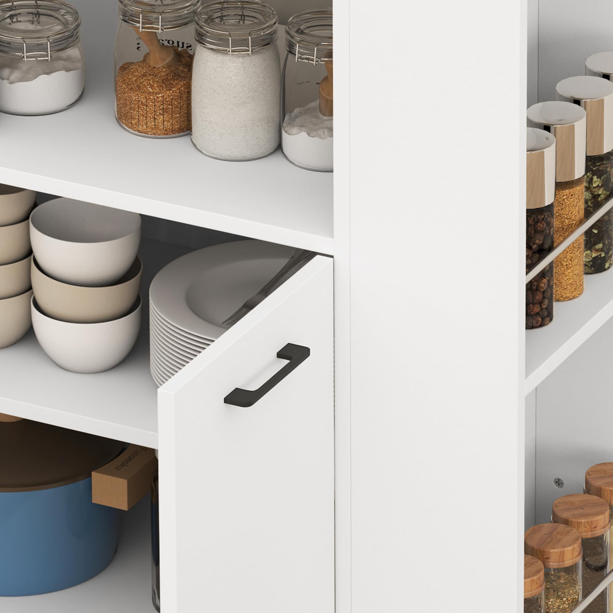 HOMCOM Desserte de Cuisine à roulettes avec Plan de Travail, Îlot Central Cuisine avec 2 Portes, Compartiment Ouvert, étagère réglable et Porte-épices, pour Salle à Manger, 75x40x80,5cm, Blanc