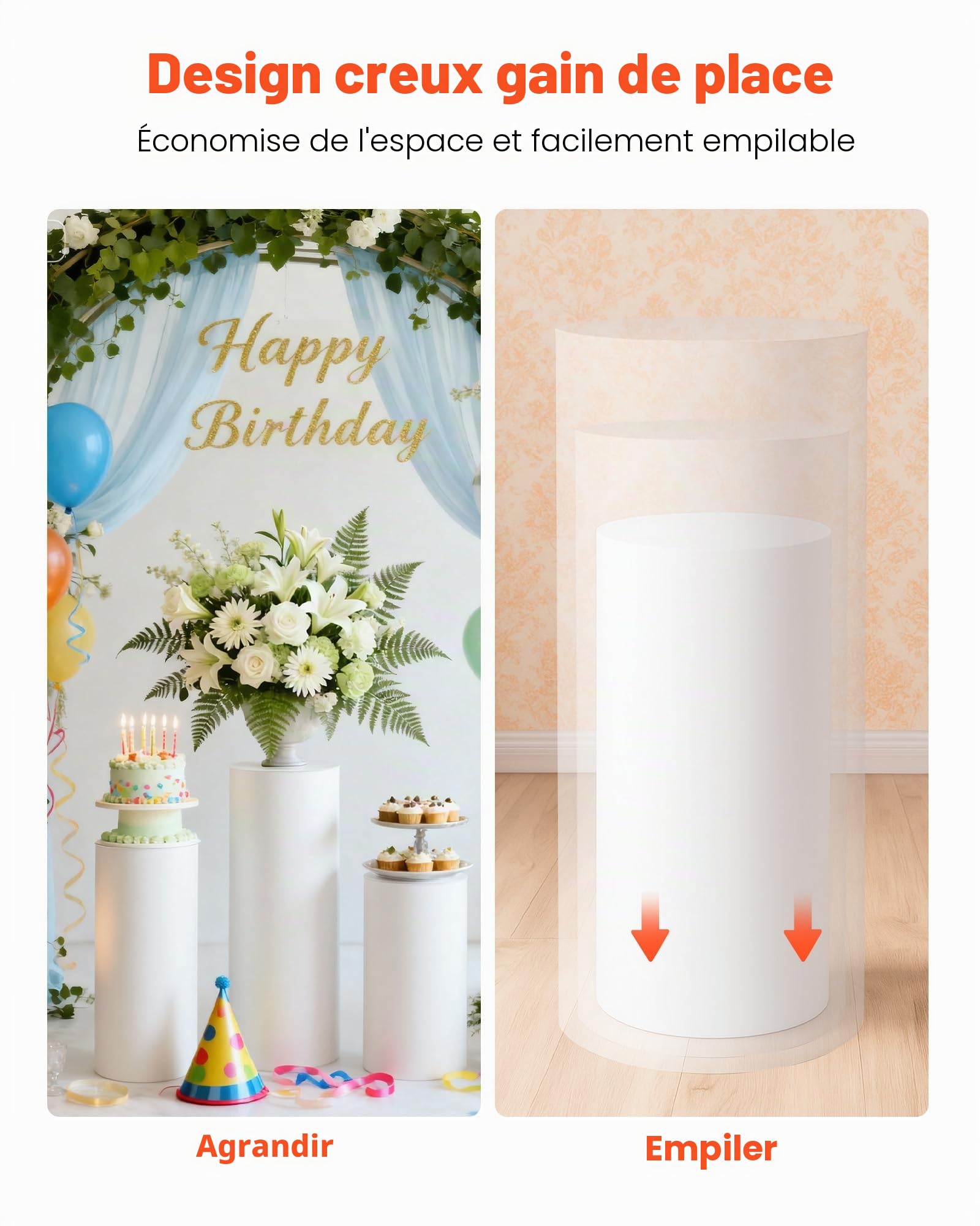 VEVOR Support Fleur Mariage Cylindrique Lot de 3 Support Cylindre Anniversaire 60/75/90 cm Présentoir Fleurs Mariage pour Mariages Fêtes Anniversaires Déco Artistique, Couvercle PVC Charge 15 kg Blanc