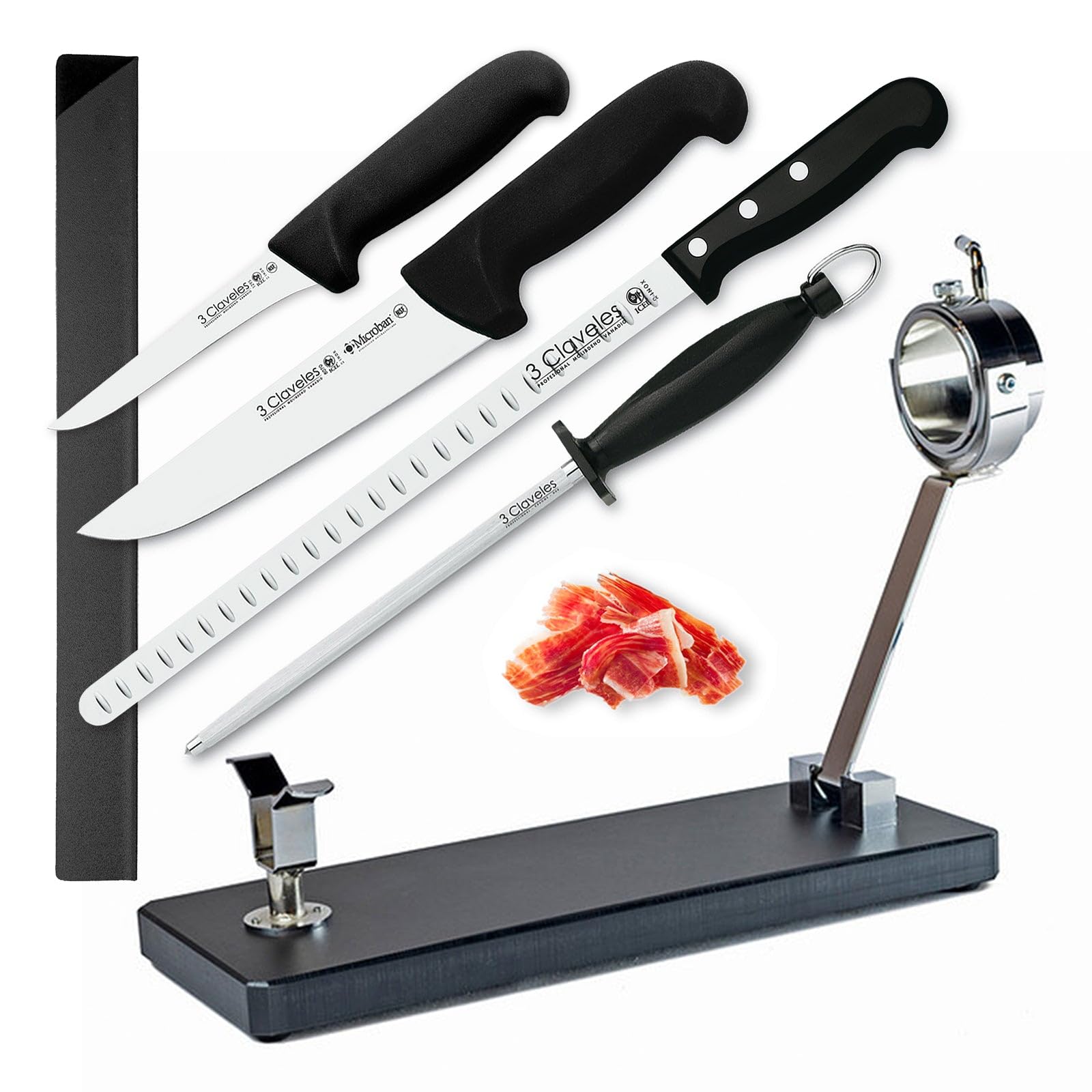 Juego Profesional de Soporte Jamonero Plegable en Acero Inoxidable y Cuchillos 3 Claveles, Funda y Chaira (MBLANC Negro)