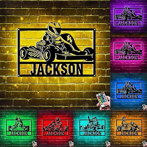 Personalized Go Kart Riding Metal Wall Sign with Led Light, Custom Racing Flag Go Kart Ridier Name Sign, Go Kart Racing Wall Art, Go Kart Riding Racing Lover Gift for Birthday Christmas Home Decor