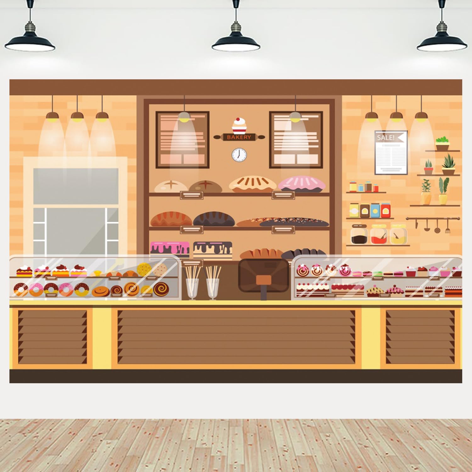 7x5ft Bakery Shop Backdrop Cartoon Bakery Store Photography Background Bread Donut School Room Wallpaper Decorations Banner Kids Birthday Party Photo Booth Props Studio Home Decor