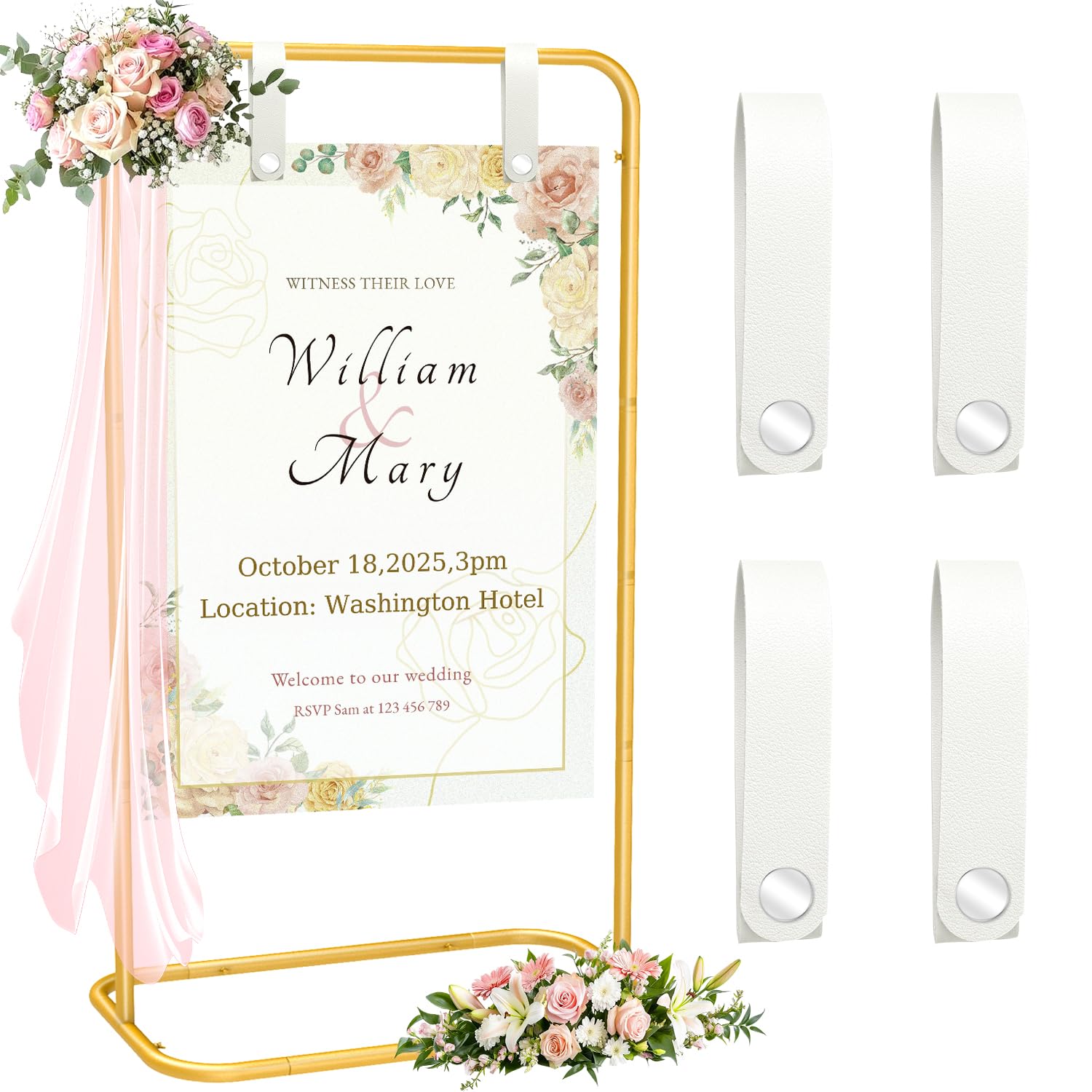 Photo 1 of MsMk Wedding Welcome Sign Holder, 70”x31”x 20” Welcome Sign Stand with 4 Leather Sign Hanging Straps Adjustable Wedding Seating Charts Holder & Event Decor for Party, Baby Shower, Graduation Ceremony