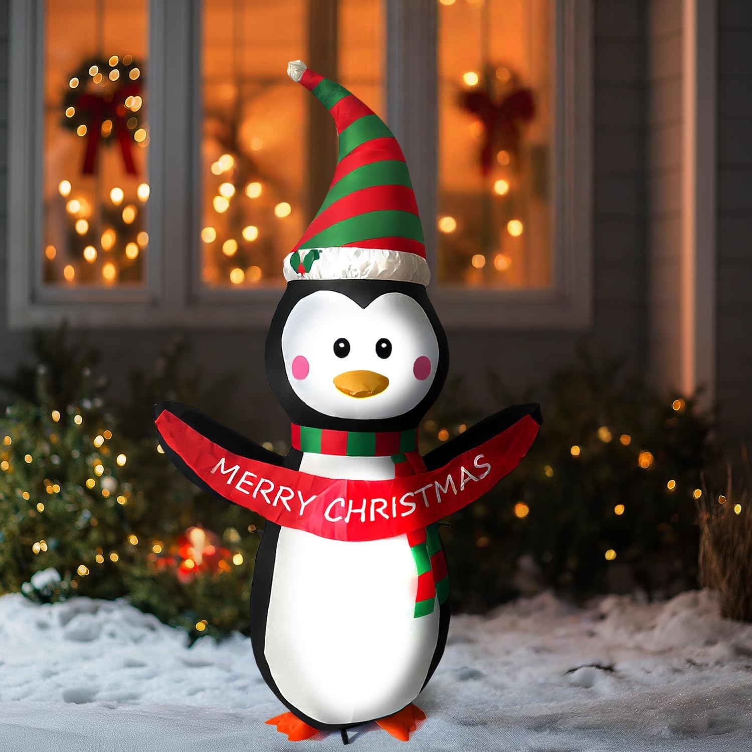HONGLAND 4 FT Christmas Inflatables Giant Penguin Outdoor Decorations, Built-in Bright LED Light with Merry Christmas Sign, Weatherproof Holiday for Garden Lawn Patio Party Xmas Gifts - Image 8