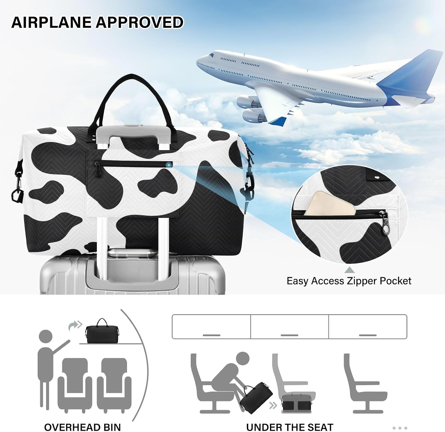 Travel Duffle Bag, Cow Skin Print Gym Bag with Storage Bag Weekender Overnight Bag for Men Women Trip Sports Yoga