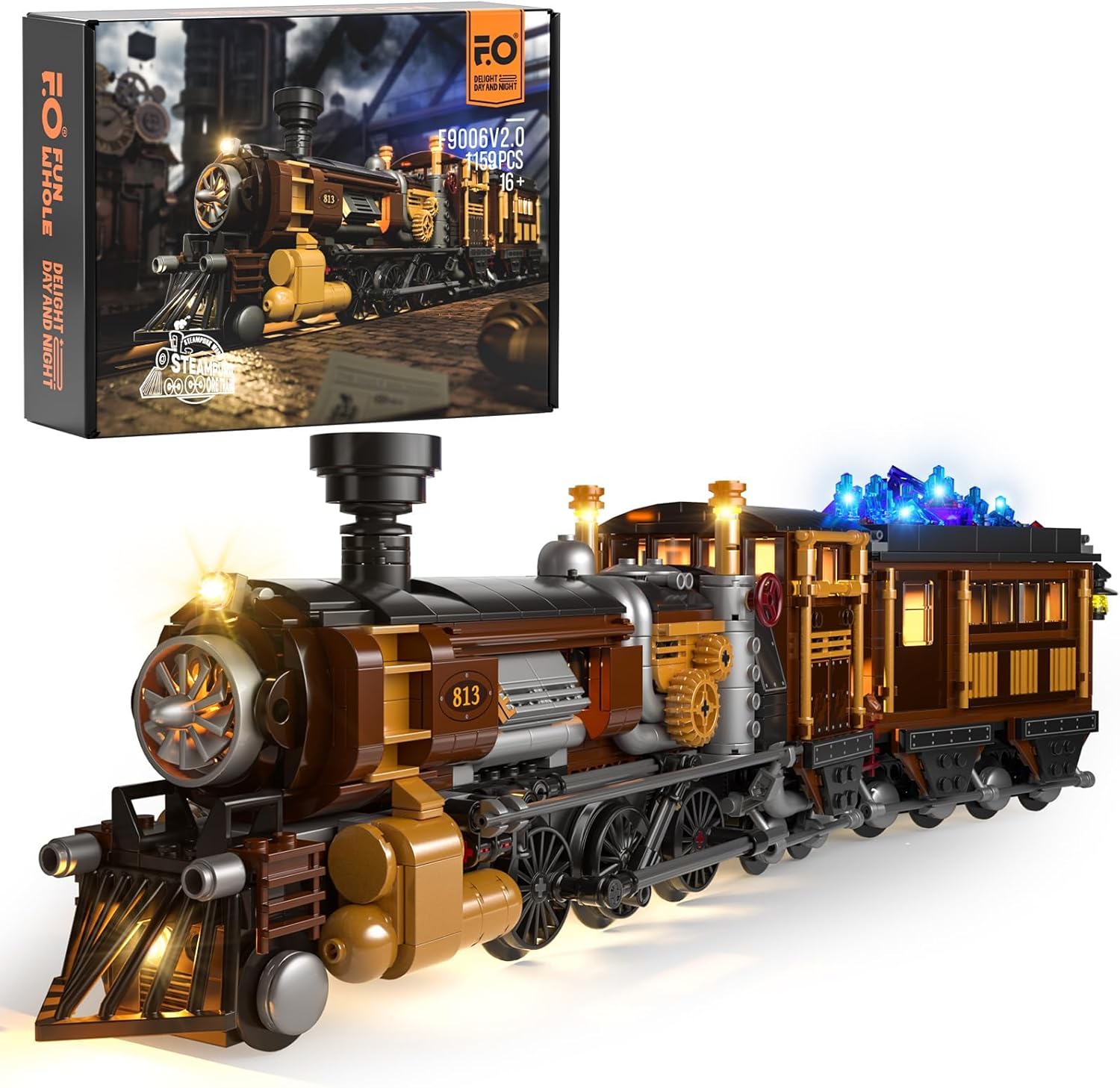 FUNWHOLE Erzbahn Beleuchtetes Baustein-Set - Steampunk Spielzeugzug mit LED Licht, Modularer Konstruktionsbausatz, 1159 Teile für Erwachsene und Teenager