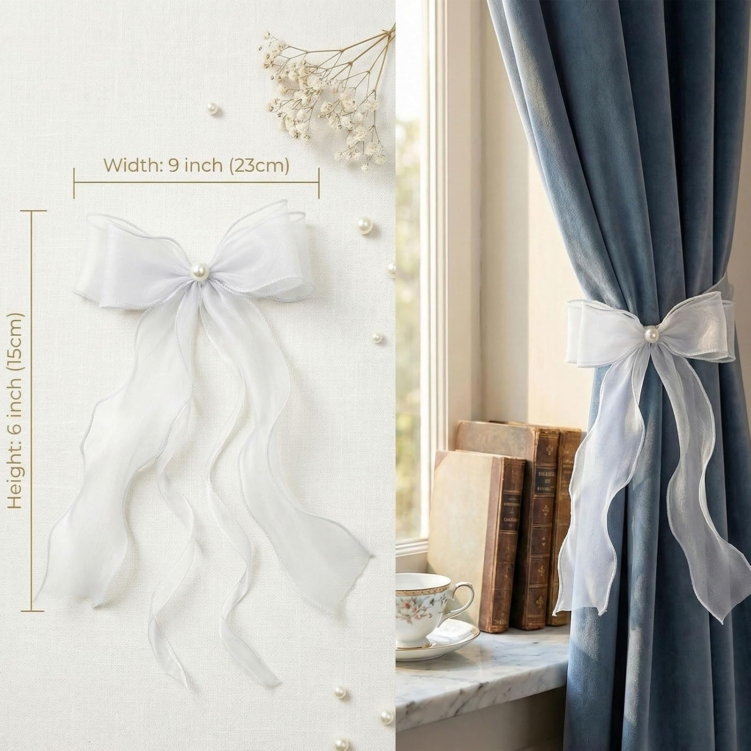 Sheer Organza Pearl White Bow Curtain Tiebacks 6-Pack, Soft Gauze Ribbon Decorative Knot Window Holders, Lightweight Casual Home Decor