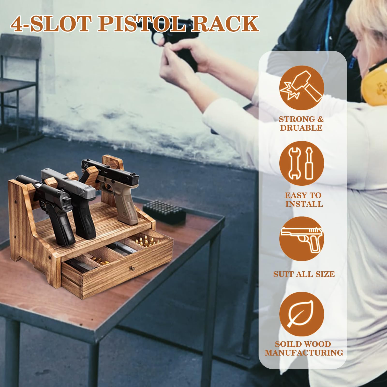 Pistolenregal Pistolen Aufbewahrung Fasst 4 oder 6 Pistolen,Massivholz Pistolenständer,Pistolensammelregal mit Schublade,Sichere Pistolenaufbewahrung,zur Pistolenpräsentation