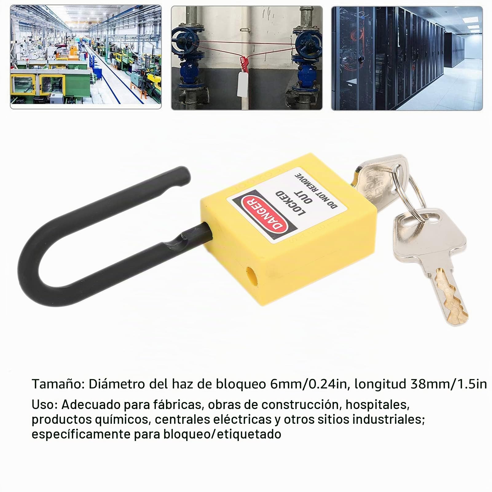 FILFEEL Candado de Bloqueo, candado de Seguridad de Nailon de 38 mm para sitios industriales, Juego de candados de Seguridad con 2 Llaves por candado, 10 Juegos(Amarillo)