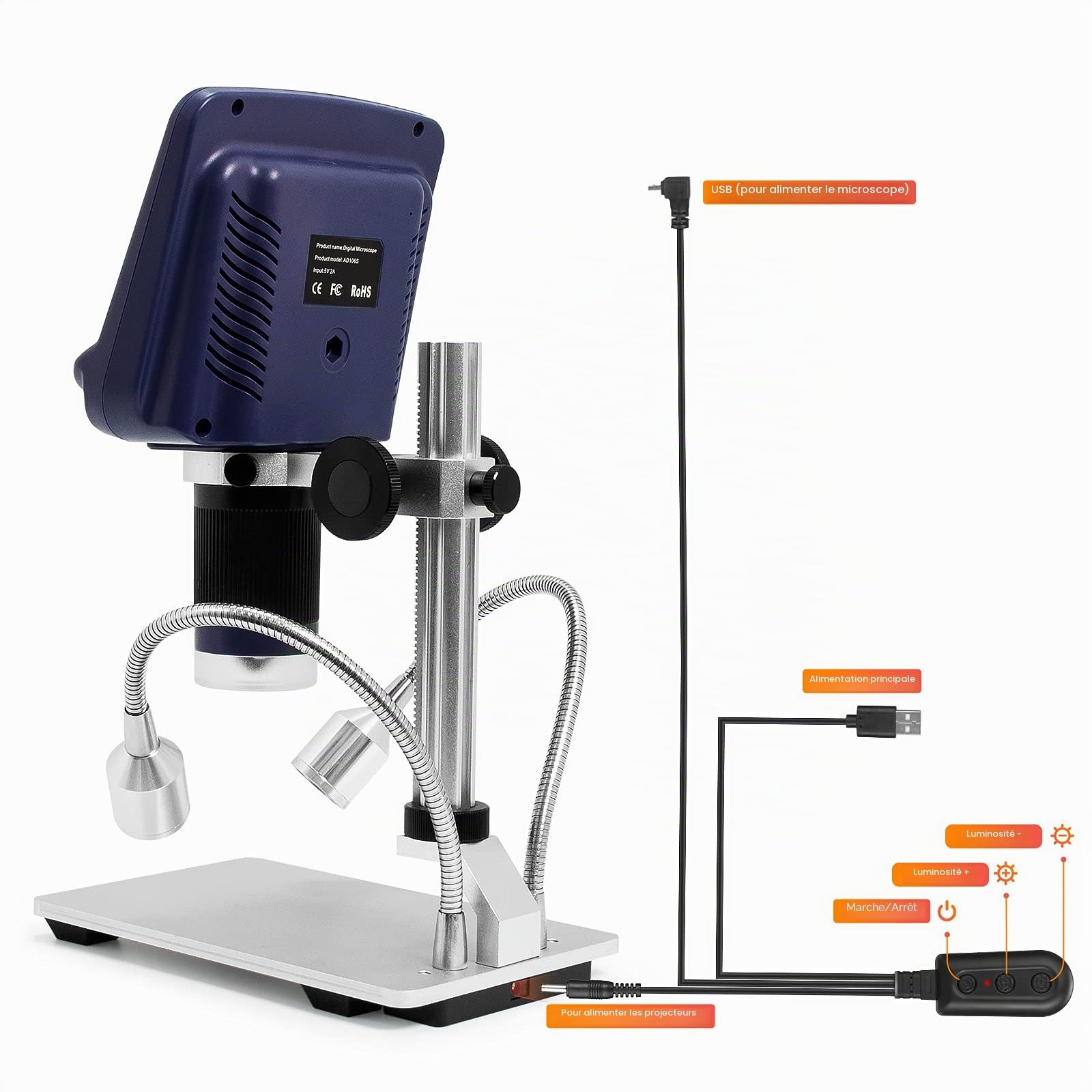 Andonstar AD106S Microscope numérique USB 4,3" pour soudure/PCB/montre/téléphone, avec support et télécommande infrarouge