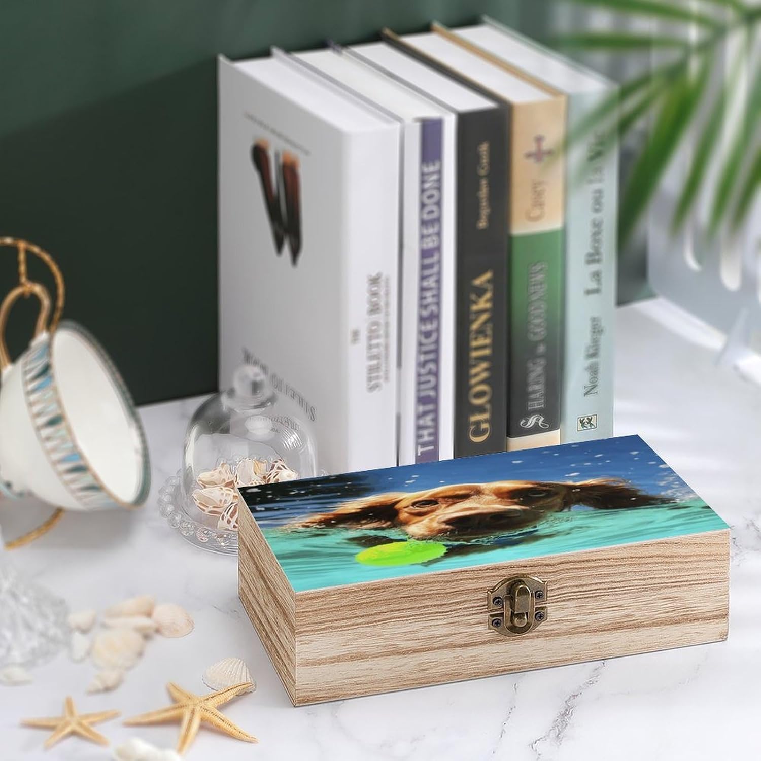 Funny Swimming Dog Wood Keepsake Box Wooden Box with Hinged Lid Vintage Wooden Jewelry Box Decorative Wood Storage Box Trinket Holder Jewellery Organiser Gift for for Men Women image 4