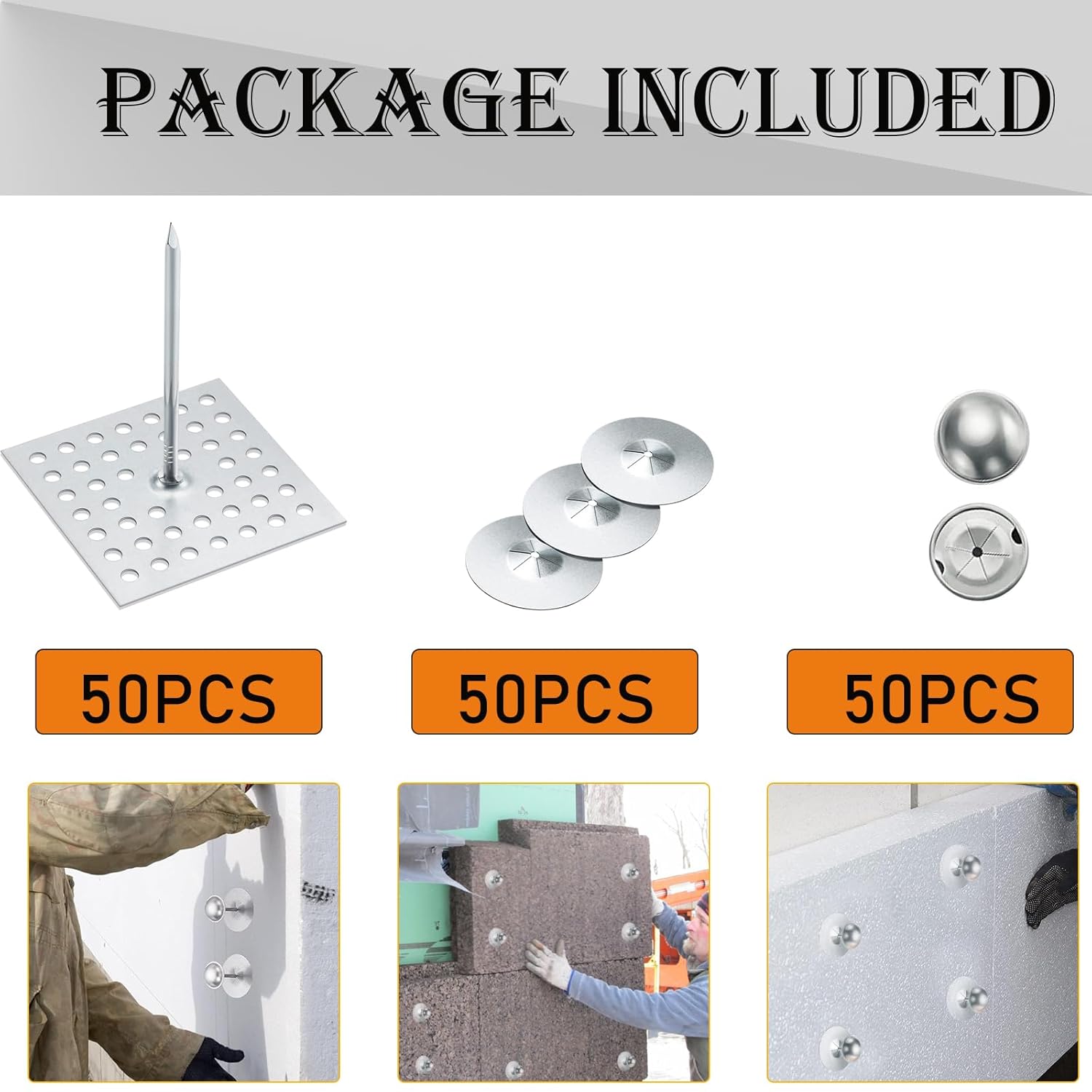 150pcs Perforated Insulation Pins 2-1/2 Inch, 1.5 Inch Self Locking Washers Round 7/8in Aluminum Insulation Hangers Cap Washers for Foam Board Wall Floor Ceiling (50 Set / 150 Pieces)
