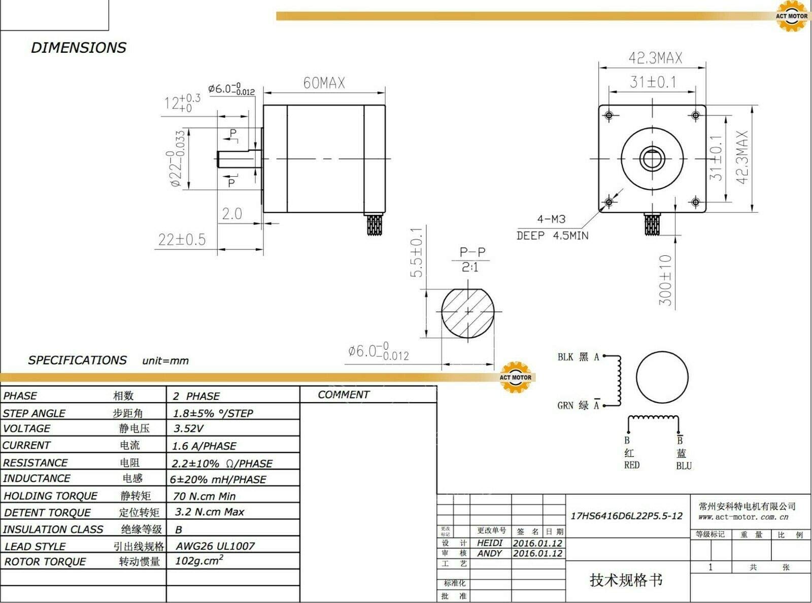 5 Stück Schrittmotor Nema17 1,6A 0,7 Nm 42,3x42,3x60mm 1,8 Grad 4 Drähte Stepper Motor für CNC und Roboter
