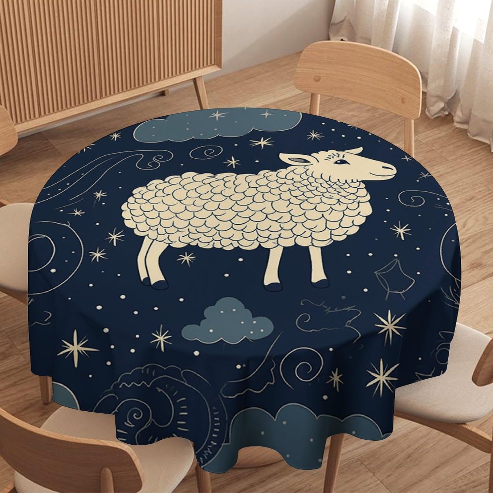 Nappe ronde mouton et étoiles lavable pour protéger la table des enfants