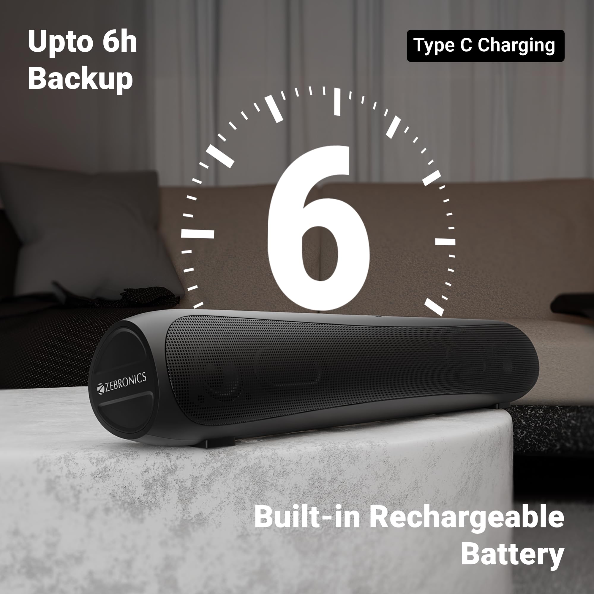 Zebronics Compact Soundbar, 18 Watts, Upto 6 Hours Playback, Dual 52mm Drivers, Dual Passive Radiators, TWS, Type-C Charging, USB, AUX, LED Indicator (Vita Bar 202) — Amazon image 3