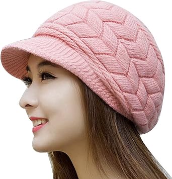 Roll Up Knit Beret Hats for Women | Newsboy Beanie Cap with Visor & Earflap | Cozy Wool Hat for Girls