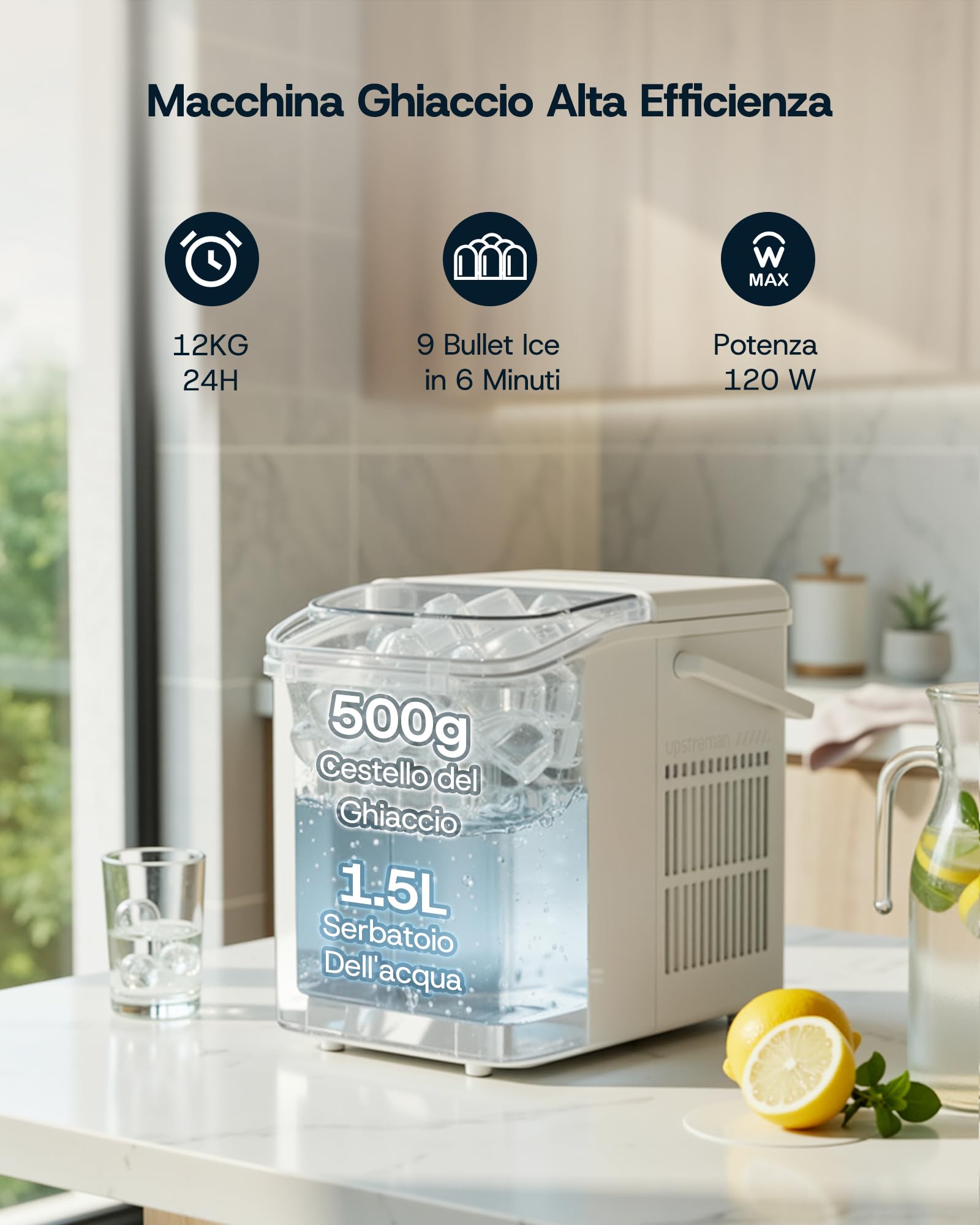 Upstreman Macchina Ghiaccio Autopulente, 12 kg/Giorno, 9 Cubetti in 6-8 Min, 2 Dimensioni di Ghiaccio Selezionabili, Silenziosa & Portatile per Casa, Cucina, Ufficio, Bar e Feste – BI12-Bianco