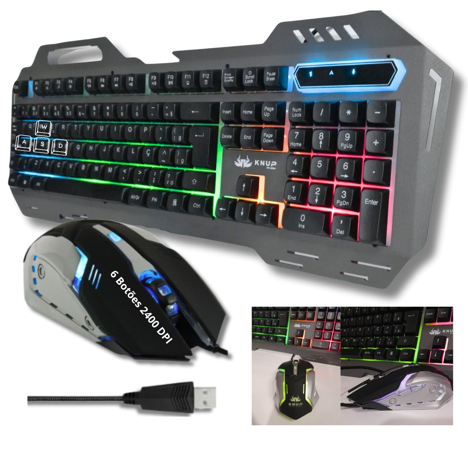TECLADO E MOUSE GAMER COM ILUMINACAO LED RGB- KP-2054 -CINZA