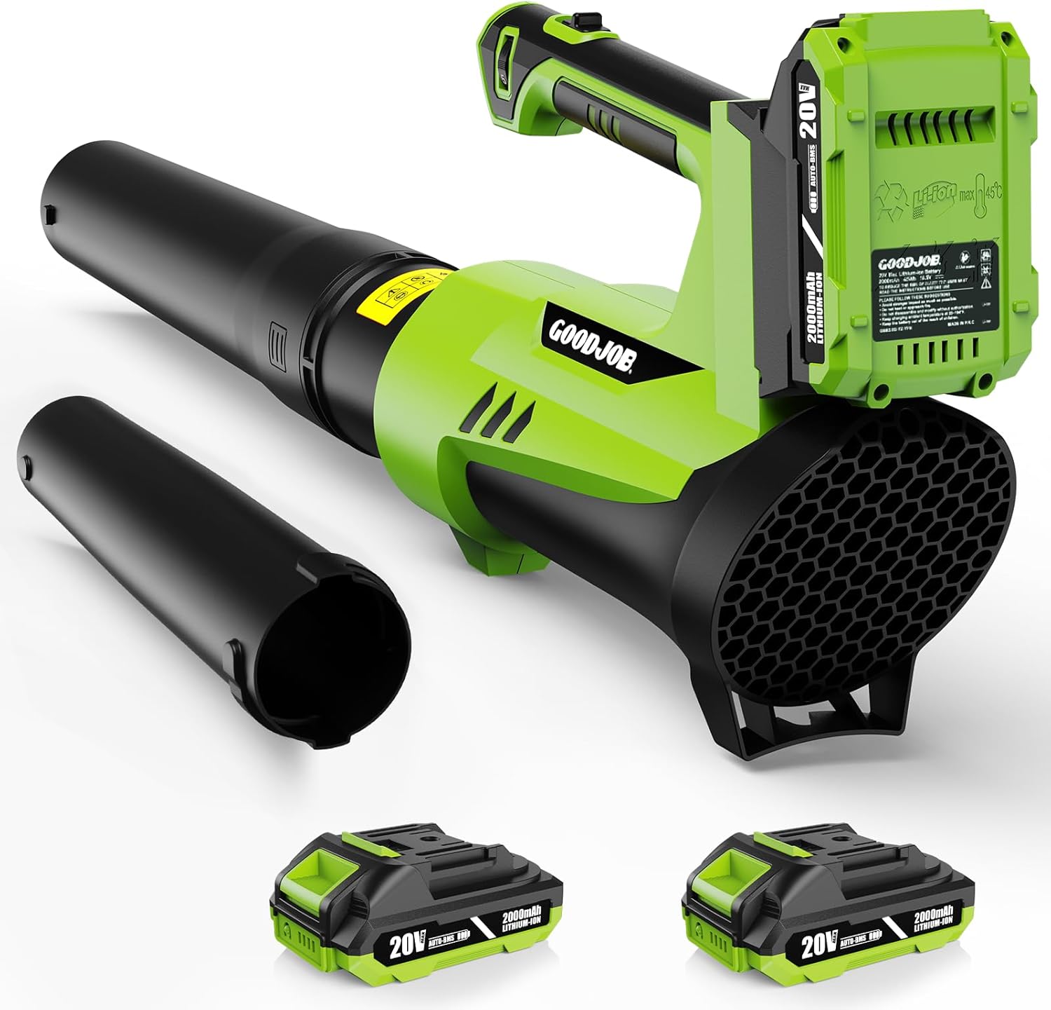 GOODJOB 650CFM Cordless Leaf Blower with 2 Batteries, 20V 2.0Ah Battery Powered Blower for 40-Min Runtime, 200MPH High-Speed, 6-Speed Ultra-Lightweight for Lawn Care, Patio & Yard