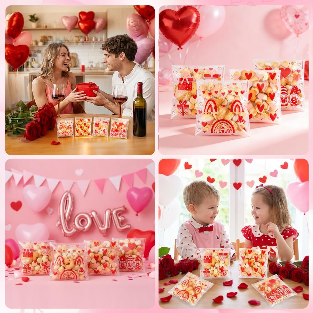 200Pcs Valentines Cellophane Treat bags, Valentine Day Goodie Cookie Candy Plastic Gift Bags with Seal, Self Adhesive Small Clear Snack Goody Bag for Valentine's Day Party Favors Supplies 4 x 5 Inches - Image 7