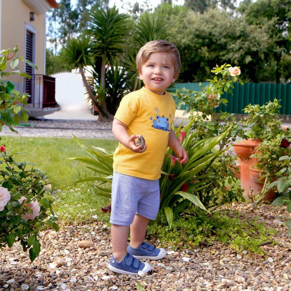 Completino Coordinato Bambino Neonato Estivo 1-18 Mesi t-Shirt Maglia e Pantaloncino Short Cotone Senape Blu Rana