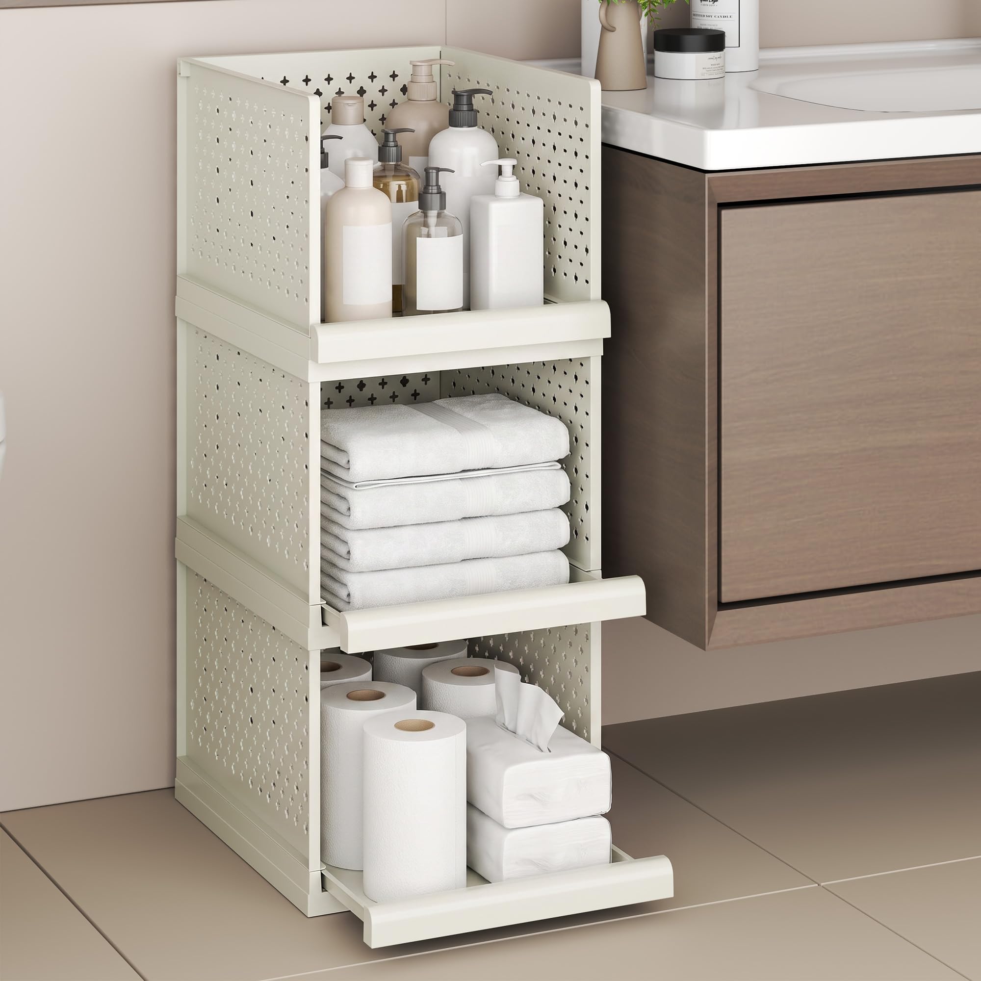 Zhyocogy Beige Bathroom Shelf, 3Pcs Storage Drawers Organiser, 24.2" Stackable Cabinet