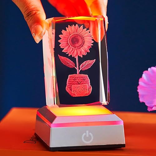 Miniatura 7 de Luz nocturna LED de girasol de cristal 3D, regalos adecuados para madre, novia y esposa, esfera de arte floral de vidrio para habitación con base de