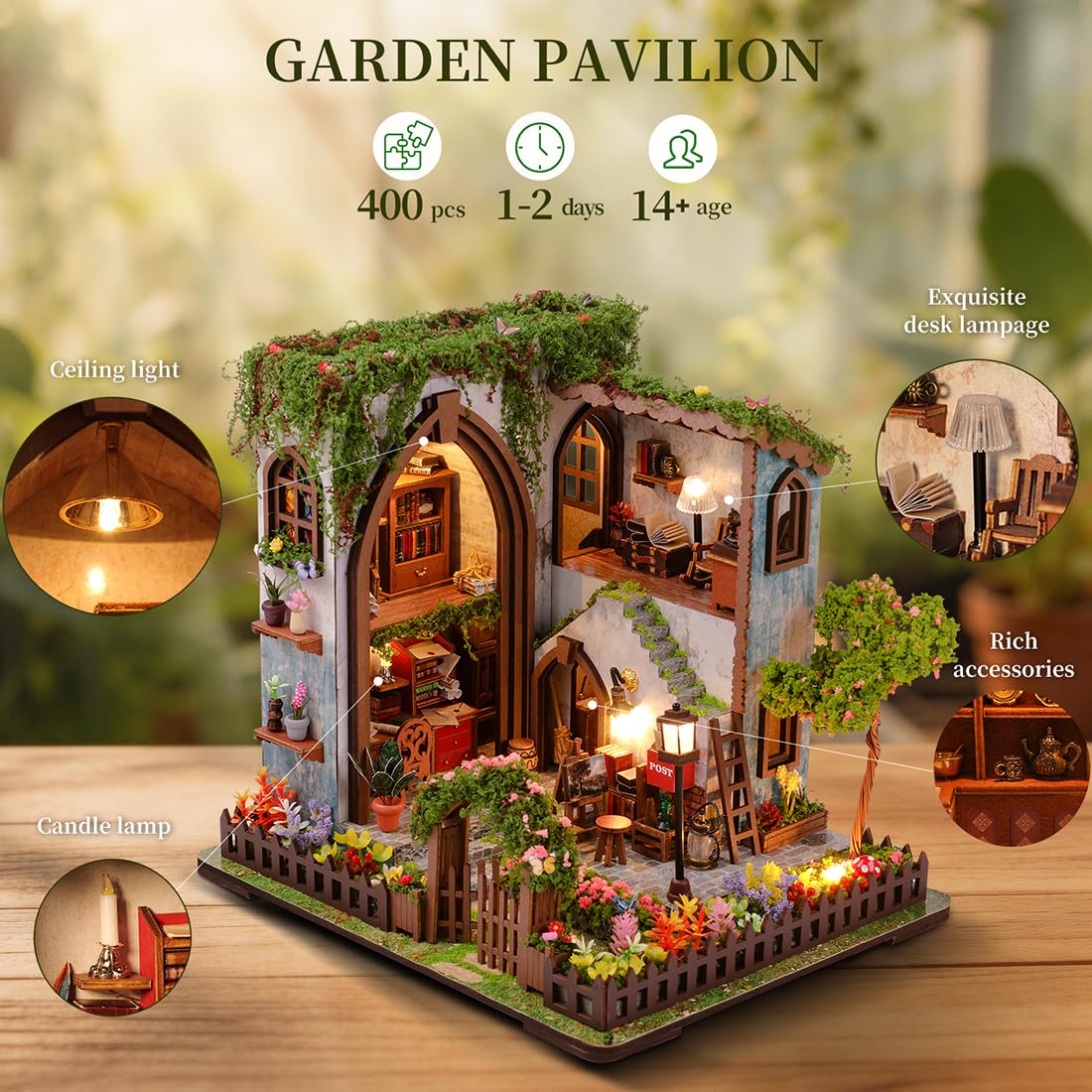 Puppenhaus DIY Miniatur Holzhaus mit LED-Beleuchtung, Holz 3D Puzzle Bücherregal，Kreatives Bastelset Kreative Dekofigur (mit Staubschutzkappe)