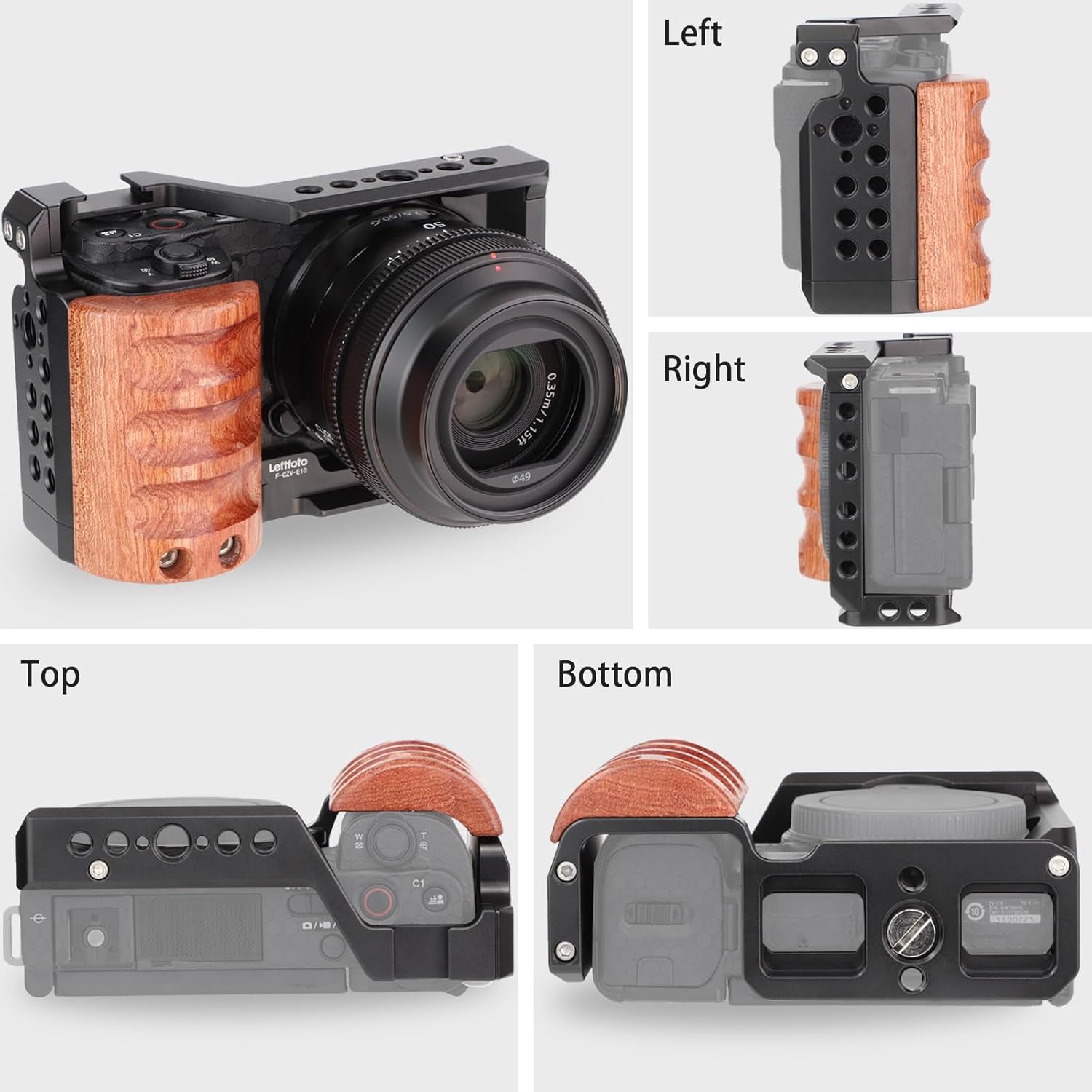 Leftfoto Upgrade Metal Cage with Wood Handle for Sony Alpha ZV-E10 Video Shooting Accessories, Cold Shoe Mic/Light Extension Video Cage Filming Vlog Camera Kit - Image 3