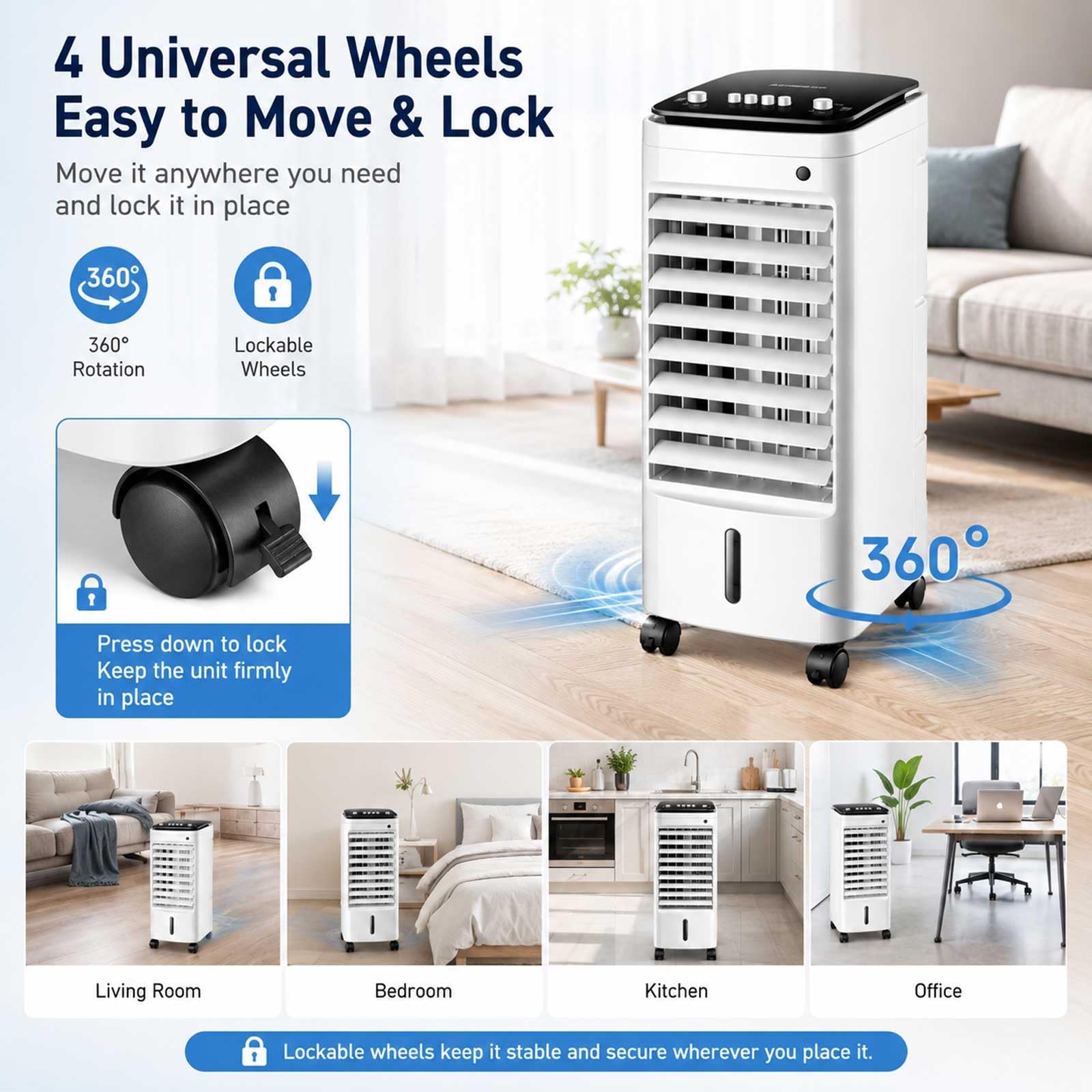 Climatizador Evaporativo, Aparatos Aire Acondicionado Portatil de 220 CFM con Flujo de Aire de Gran Angular de 120°, Depósito de Agua de 5 L, 3 Modos y Velocidades de Viento