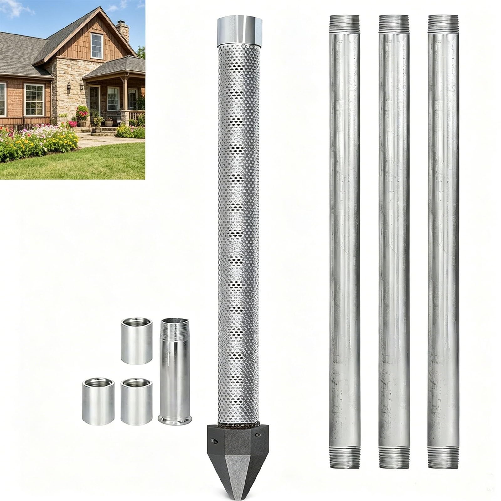Well Drive Point Kit, 1-1/4 Stainless Steel Sand Point,36" Heavy Duty Shallow Well Drilling System, Galvanized Pipes & Couplings for Stable Groundwater Access(4M Kit)