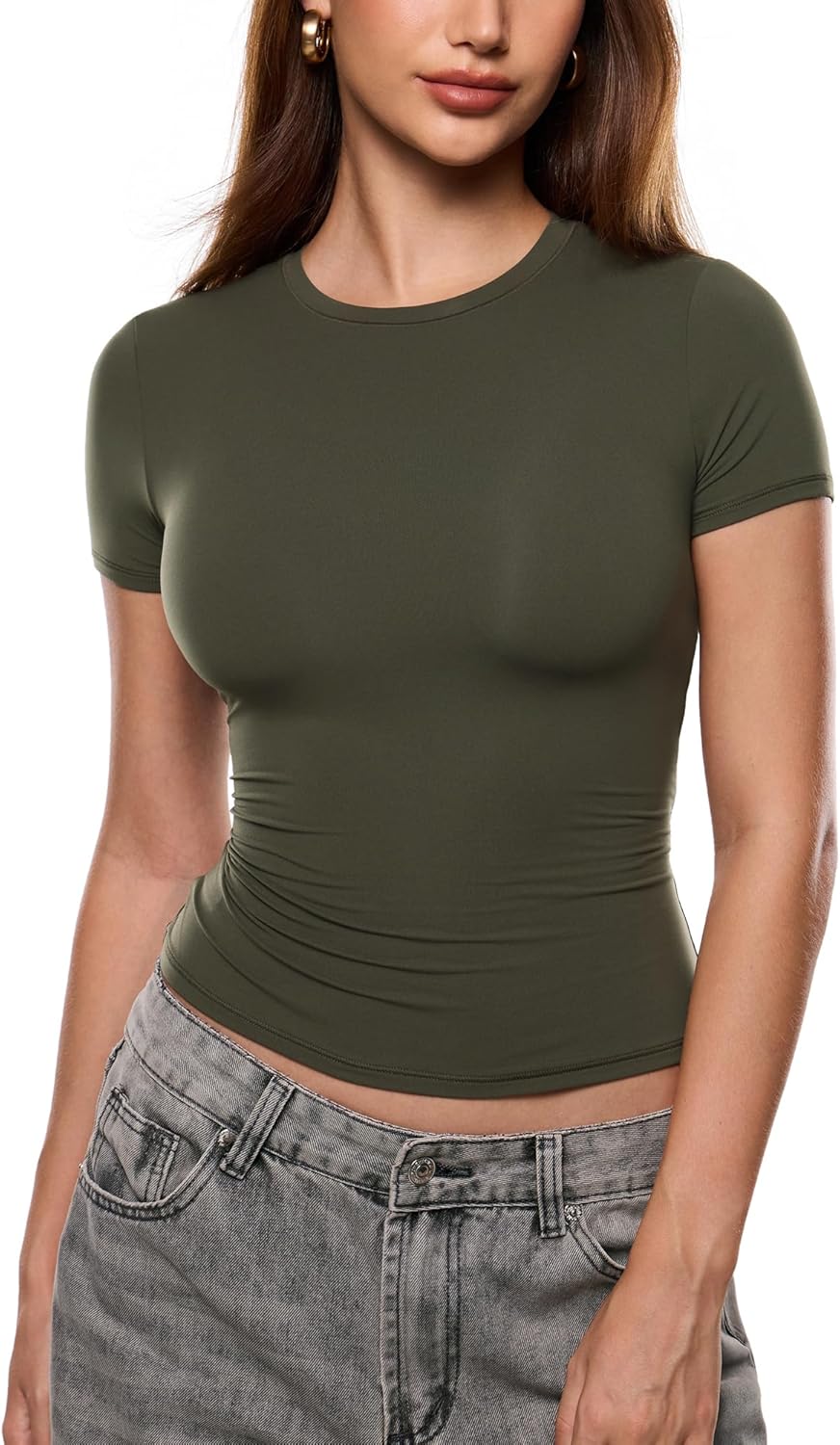 INLYRIC Women's Inbarely Ultra Short Sleeve Tops Crew Neck Double Lined Going Out Slim Fit T Shirts Summer Basic Tees