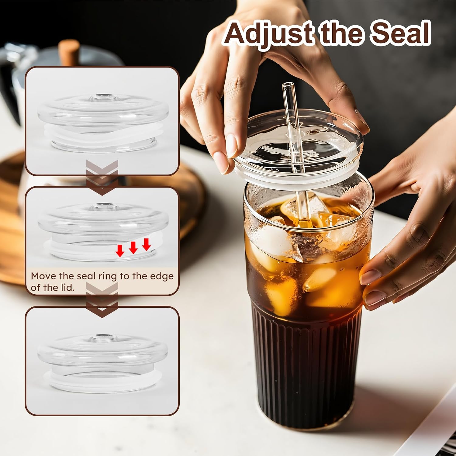 GOSCHE Glass Cups with Lids and Straws, 20oz Glass Cups Drinking Jar, Clear Iced Coffee Cups, Vintage Ripple Glass Tumbler for Water Coffee Tea, Clear, 2Pcs