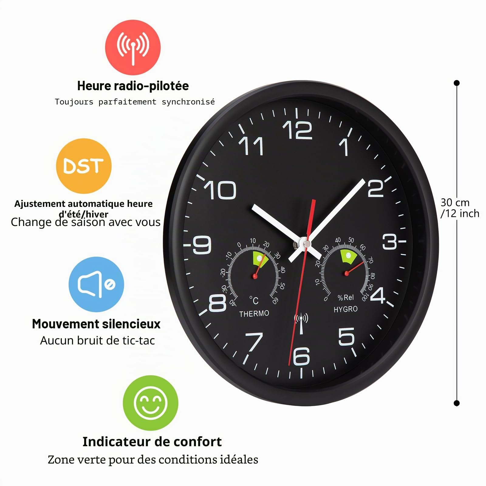 VIVILINEN Horloge Murale Radio-Pilotée avec Thermomètre et Hygromètre Pendule Murale à Quartz Moderne Silencieuse sans Tic-Tac pour Salon Chambre Bureau Cuisine