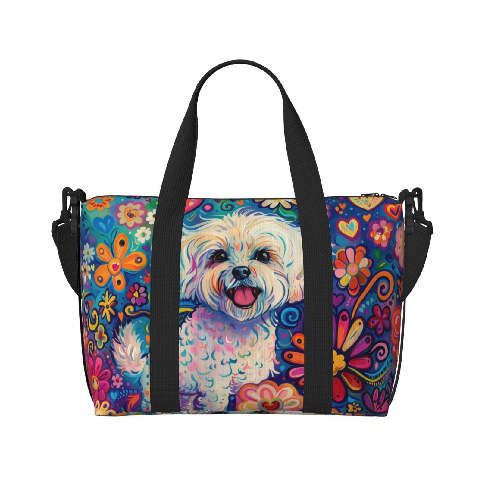 NAITIZ happy Maltese print Travel Duffel Bag, Sports Tote Gym Bag, Swim Pool Bag Large Shoulder Tote Bag for Beach Weekender